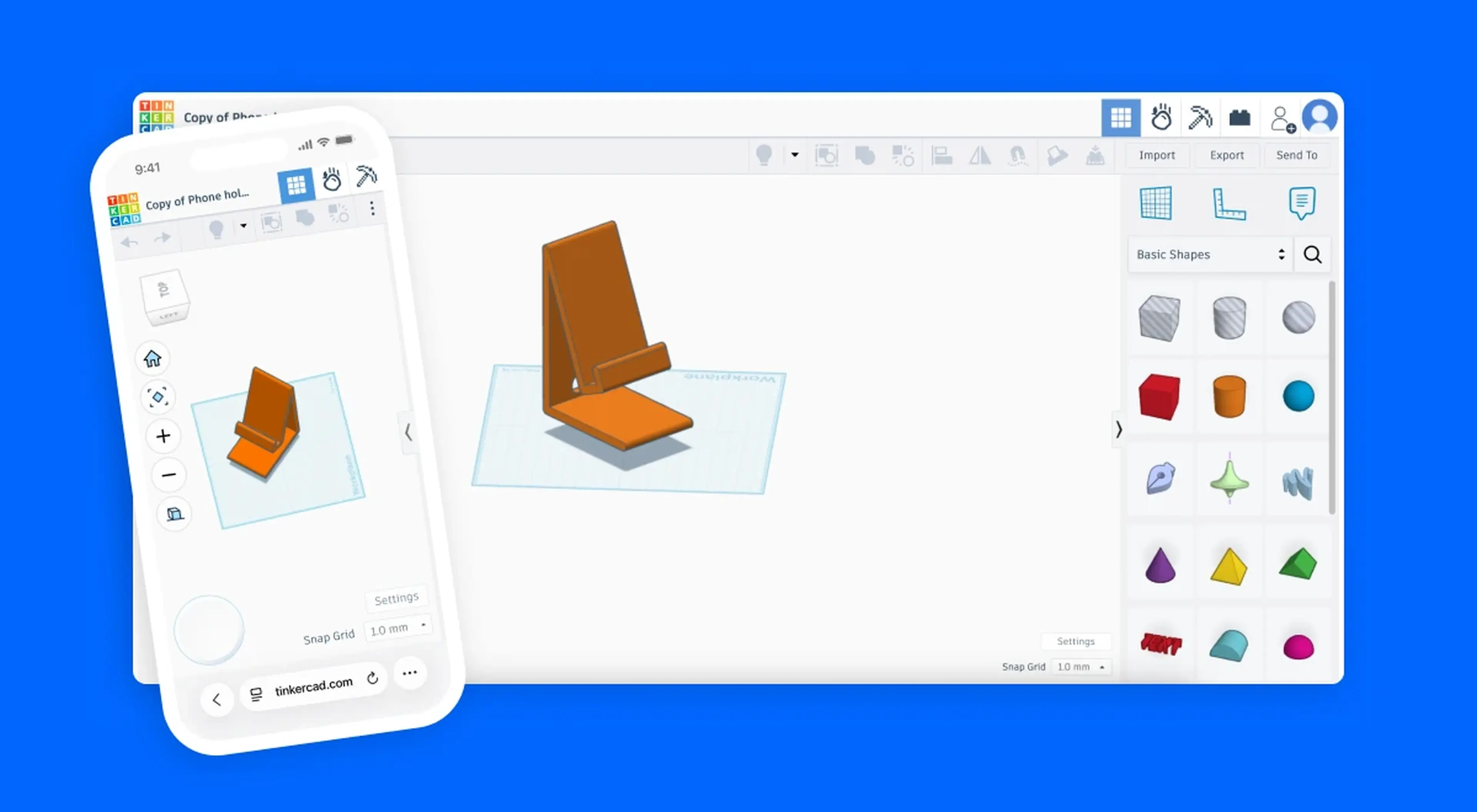 Tinkercad 3D modeling workspace on desktop and mobile showing an orange phone stand design with shape library panel