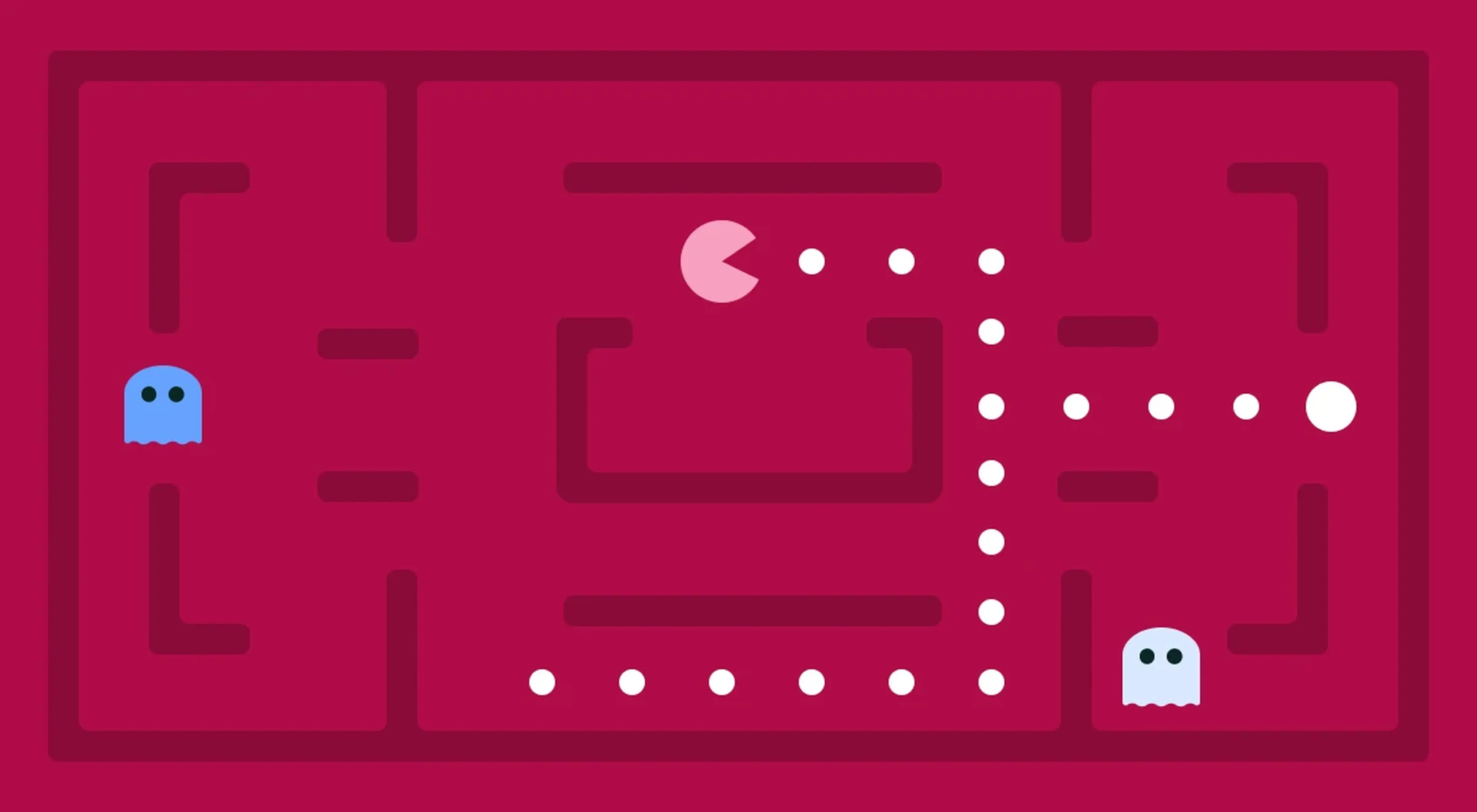 Flat illustration of a Pac-Man style maze game on a dark red background, featuring a pink Pac-Man character, white dots, and two blue ghosts (1)