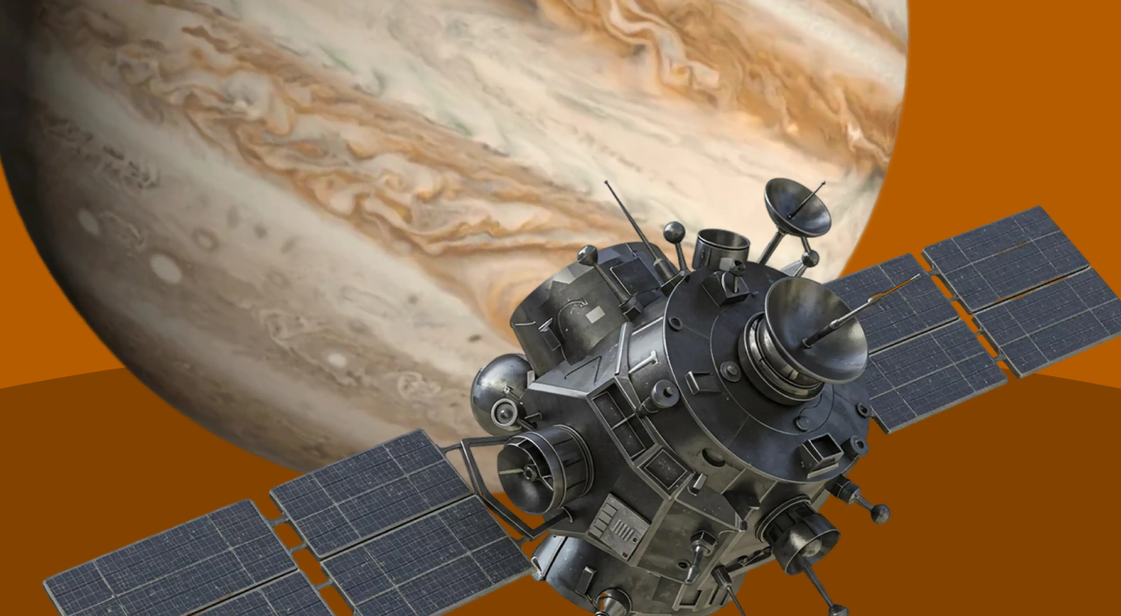 Space quiz illustration showing a metallic satellite with solar panels and antennas orbiting near the giant planet Jupiter, set against an orange background
