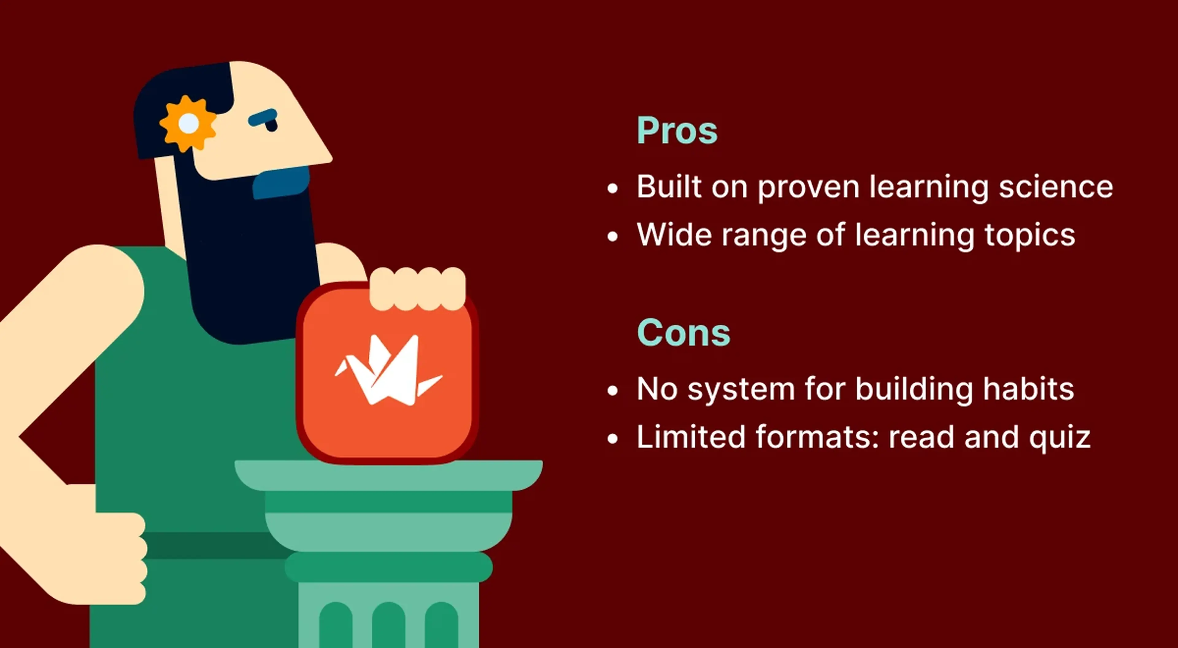 Illustrated bearded man holding the Kinnu app icon on a pedestal against a dark red background, next to a pros and cons list for this bite-sized general knowledge learning app