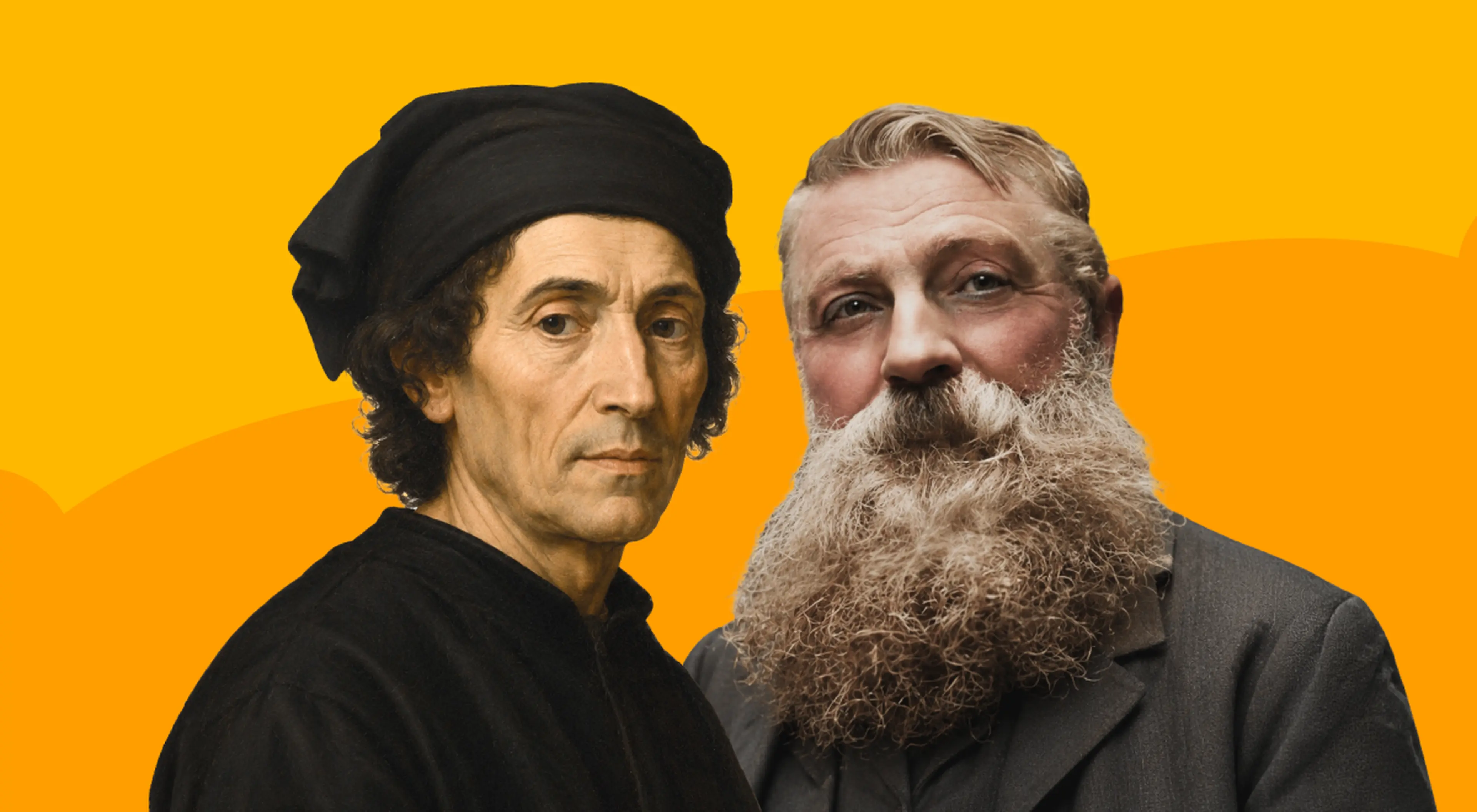 Portraits of two famous sculptors, one in a black Renaissance cap and one with a long grey beard, set against a warm orange background evoking their famous sculpture legacy