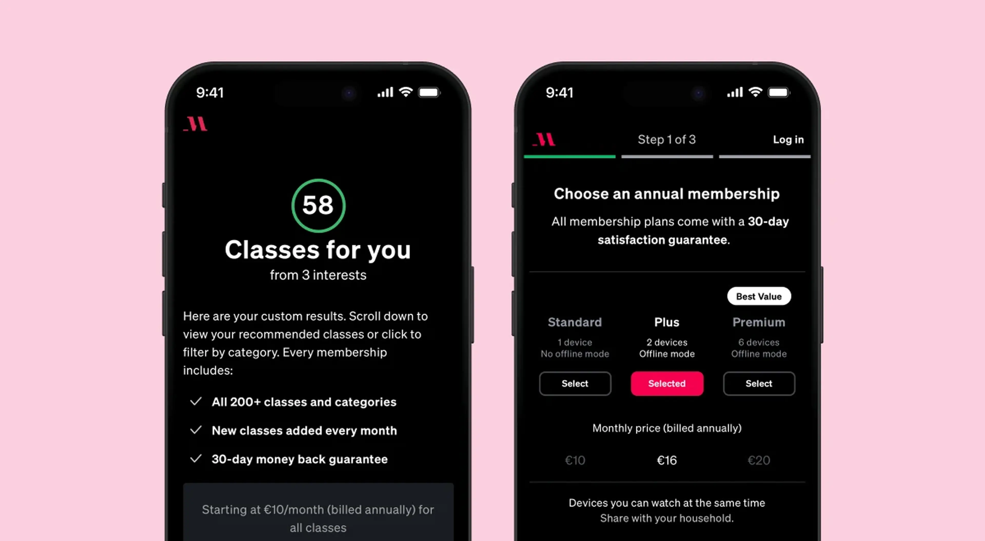 _Two MasterClass app screens showing personalized class recommendations and annual membership pricing plans with Standard, Plus, and Premium options on pink background
