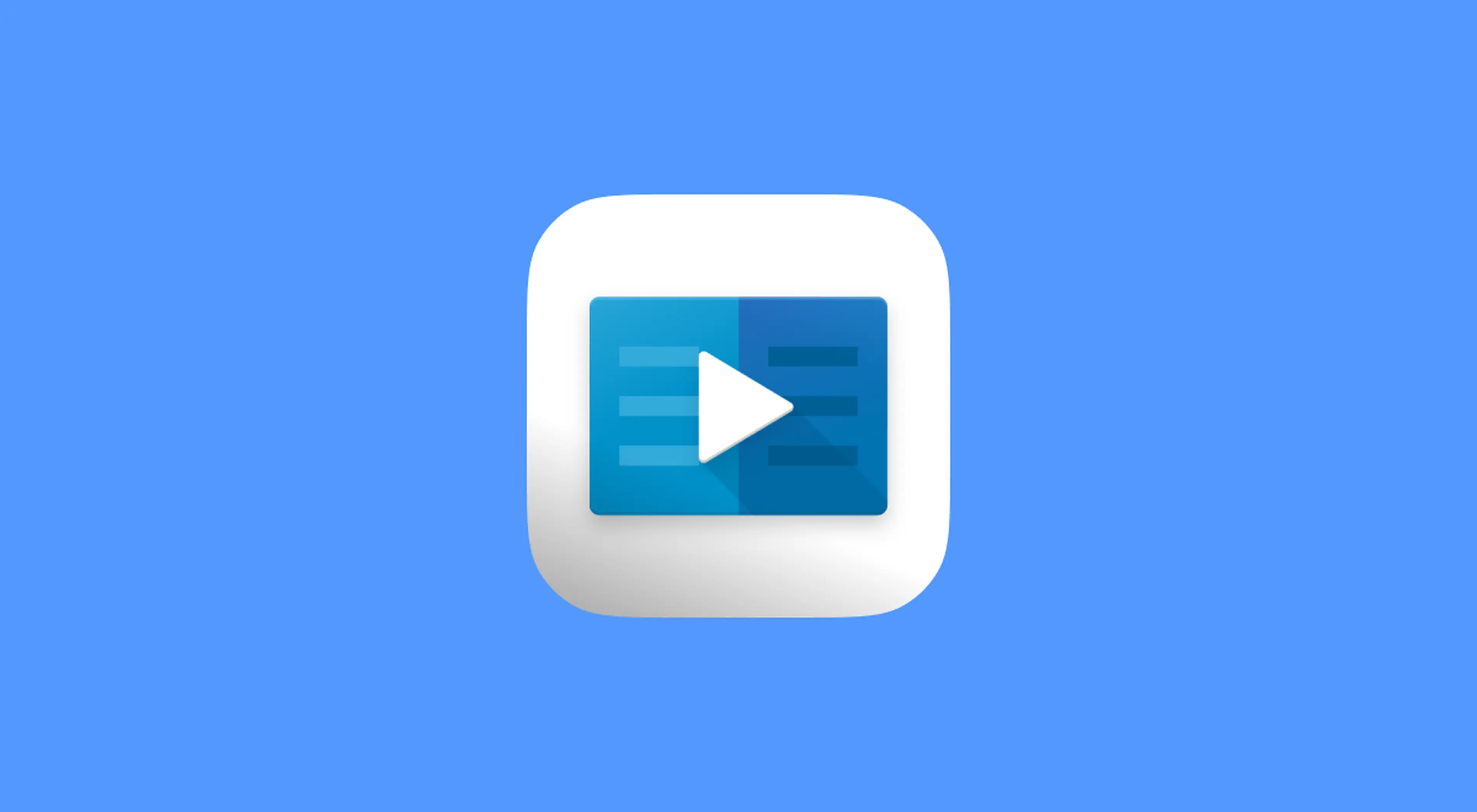 White rounded app icon featuring a blue video player screen with a play button, symbolizing LinkedIn video content, on a light blue background