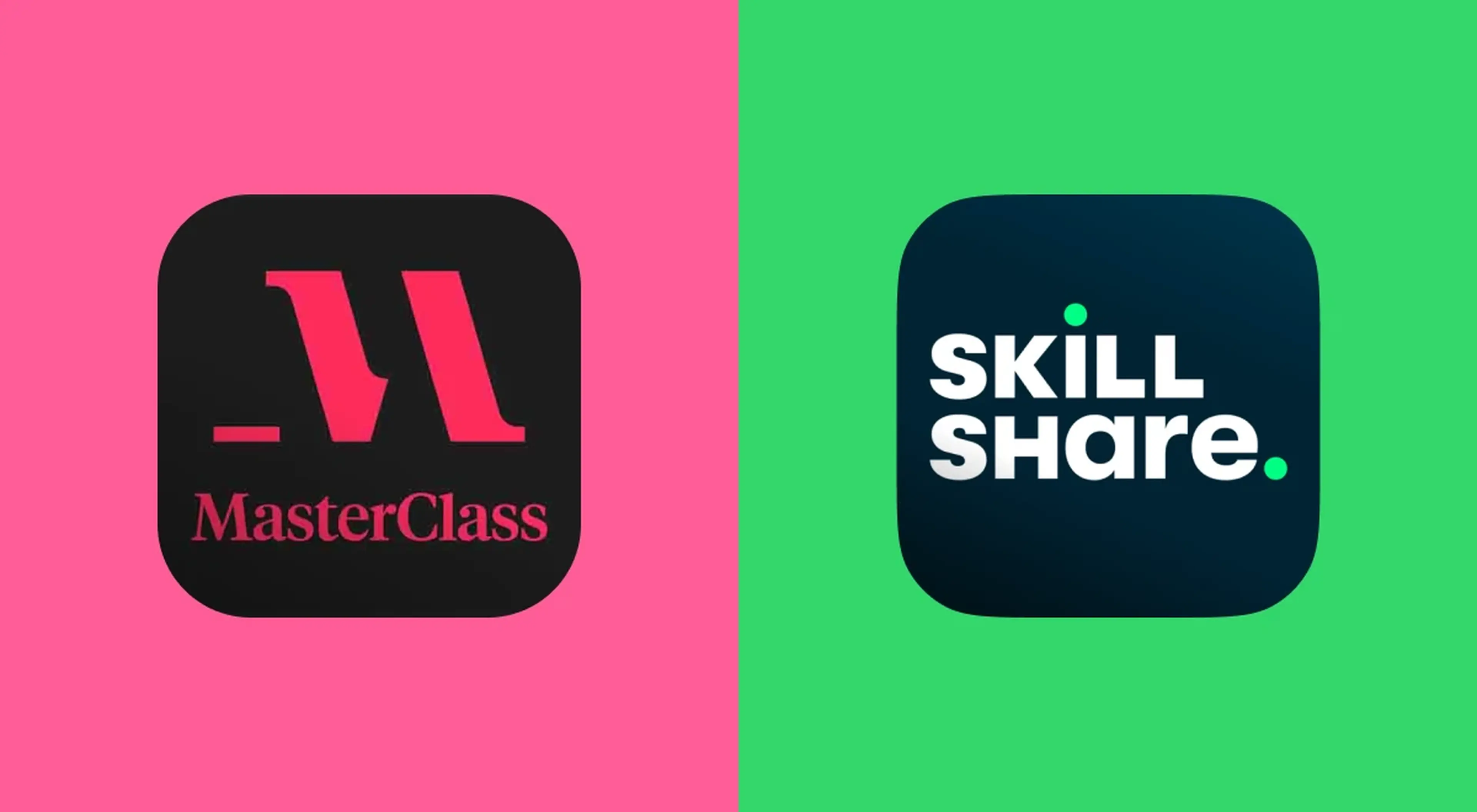 MasterClass and Skillshare app icons side by side on pink and green split background for a comparison article