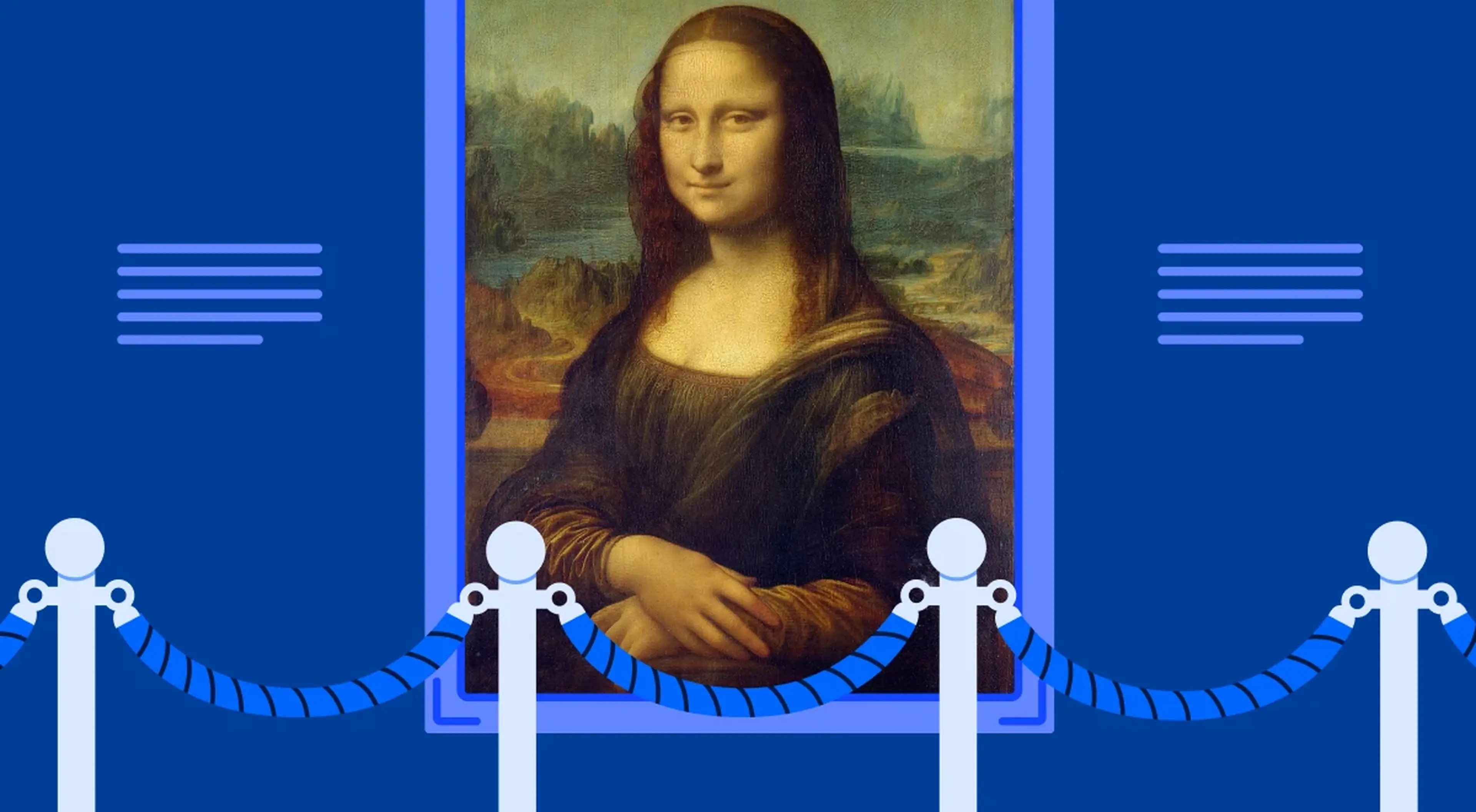 Mona Lisa painting displayed on a museum wall with illustrated rope barriers and info plaques on a dark blue background, representing art trivia for teens