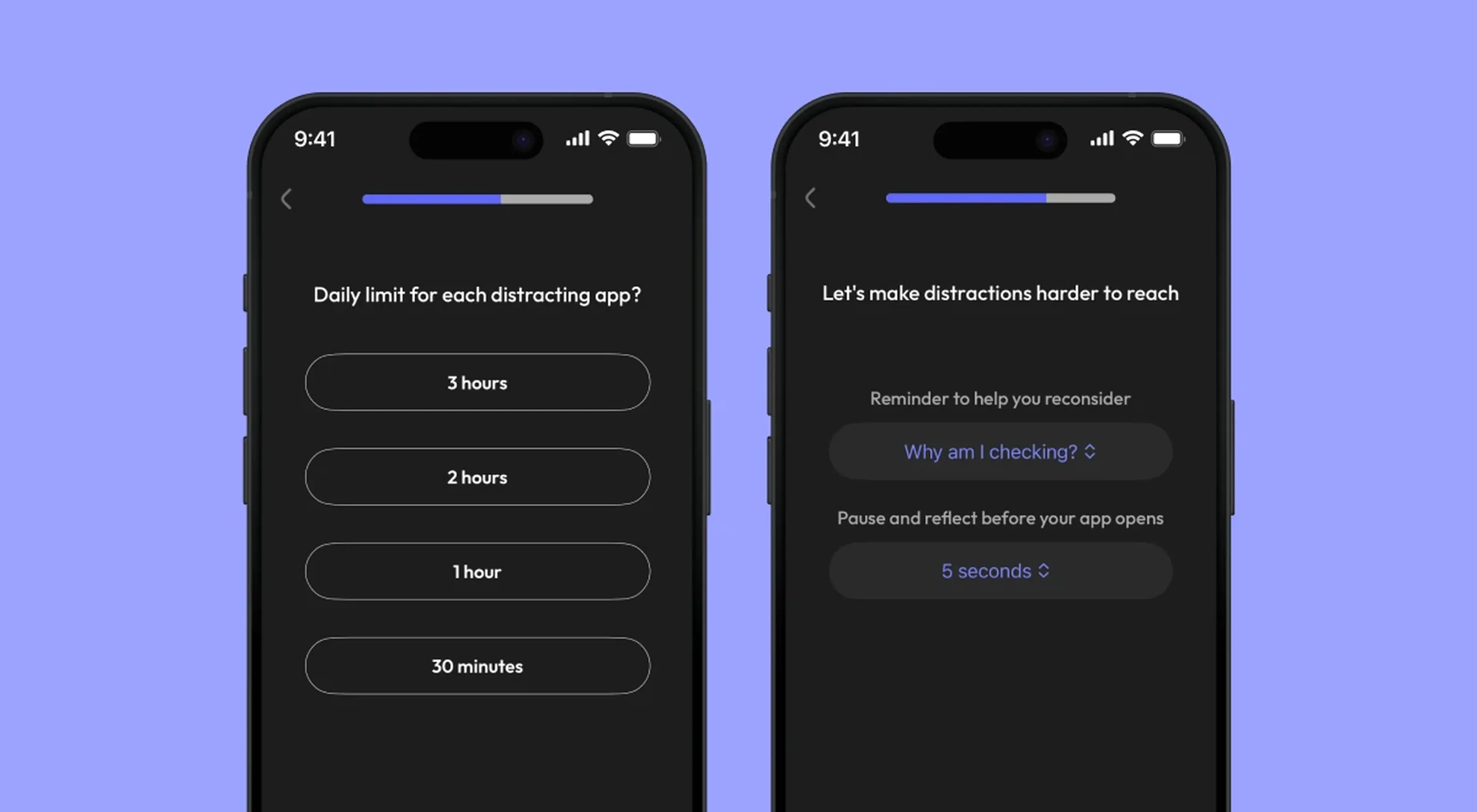 Two ScreenZen app screenshots on iPhones with dark UI showing daily screen time limit options and distraction delay settings on purple progress bar setup screens