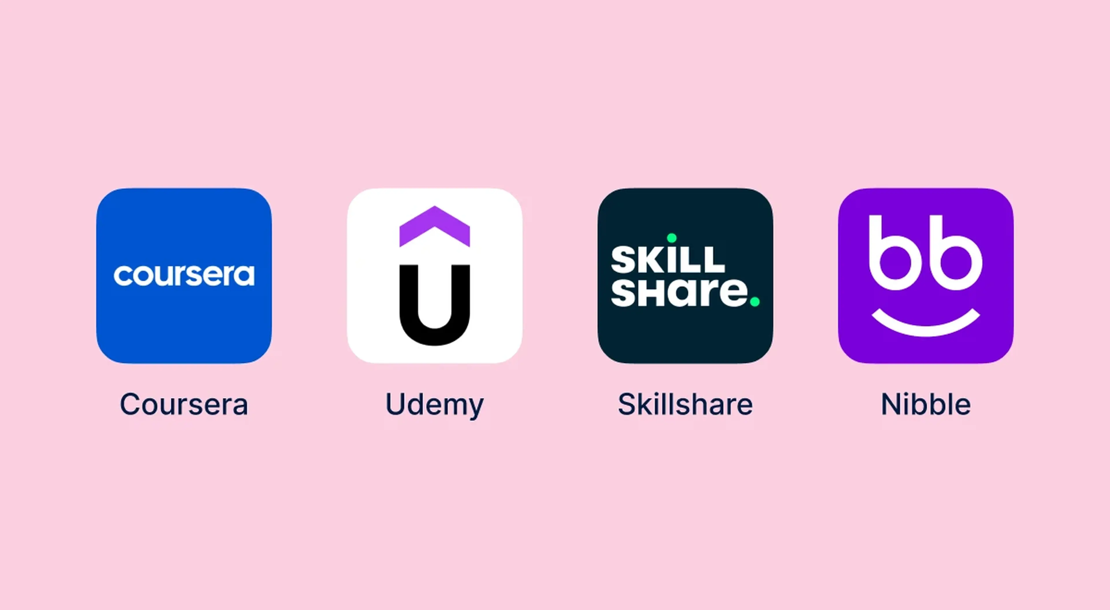 Four app icons of MasterClass alternatives including Coursera, Udemy, Skillshare, and Nibble on a light pink background