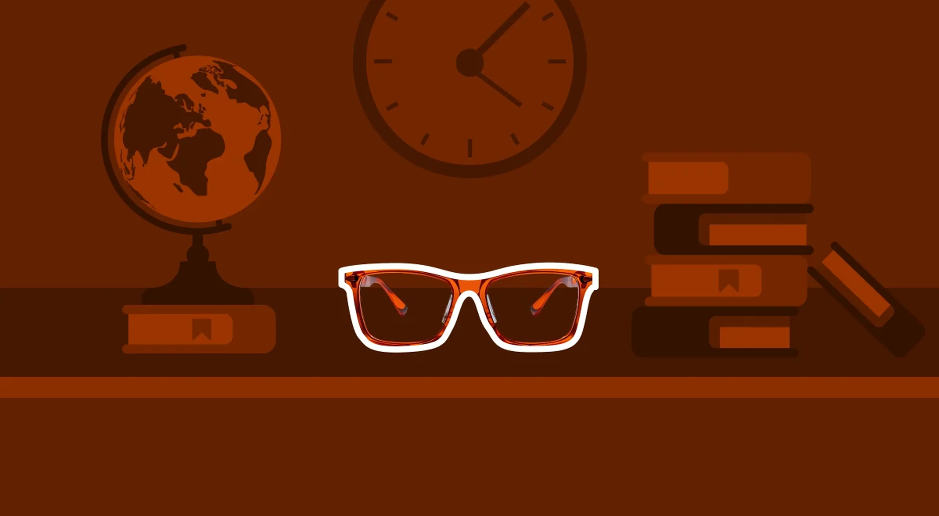 Red-framed glasses on a desk with a globe, wall clock, and stacked books on a warm brown background, representing critical thinking and life skills for everyday learning