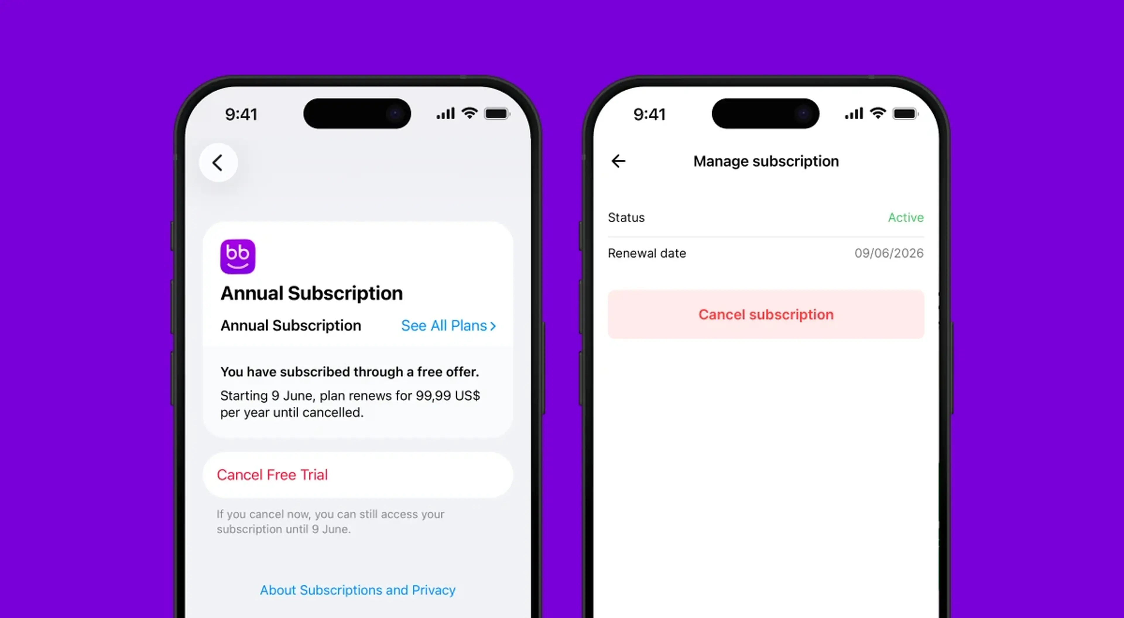 Two iPhone screens displaying Nibble app annual subscription management screen with active status, renewal date, and cancel free trial option