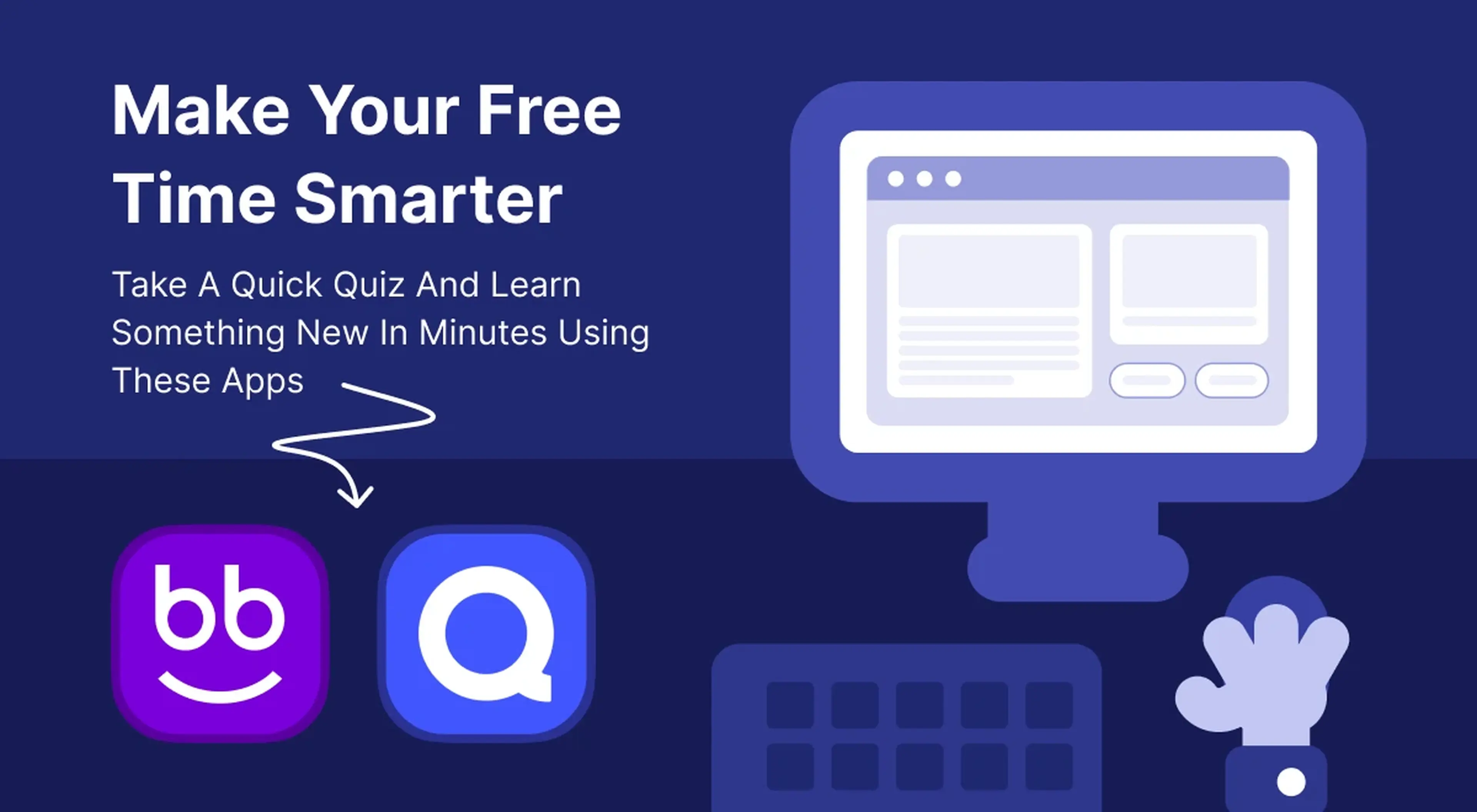 Dark navy blue promotional banner with Nibble and Quizlet app icons next to a desktop monitor illustration, encouraging free time learning for mental health and wellbeing