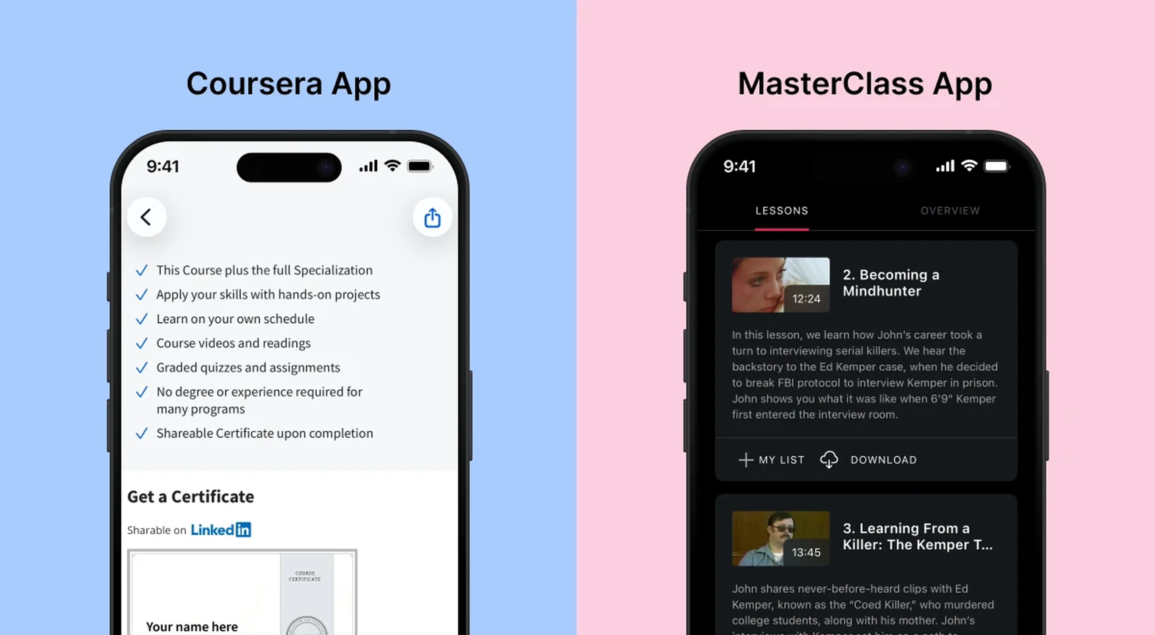 Side-by-side comparison of Coursera app and MasterClass app interfaces on smartphones, showing course details and certificate information on a blue background