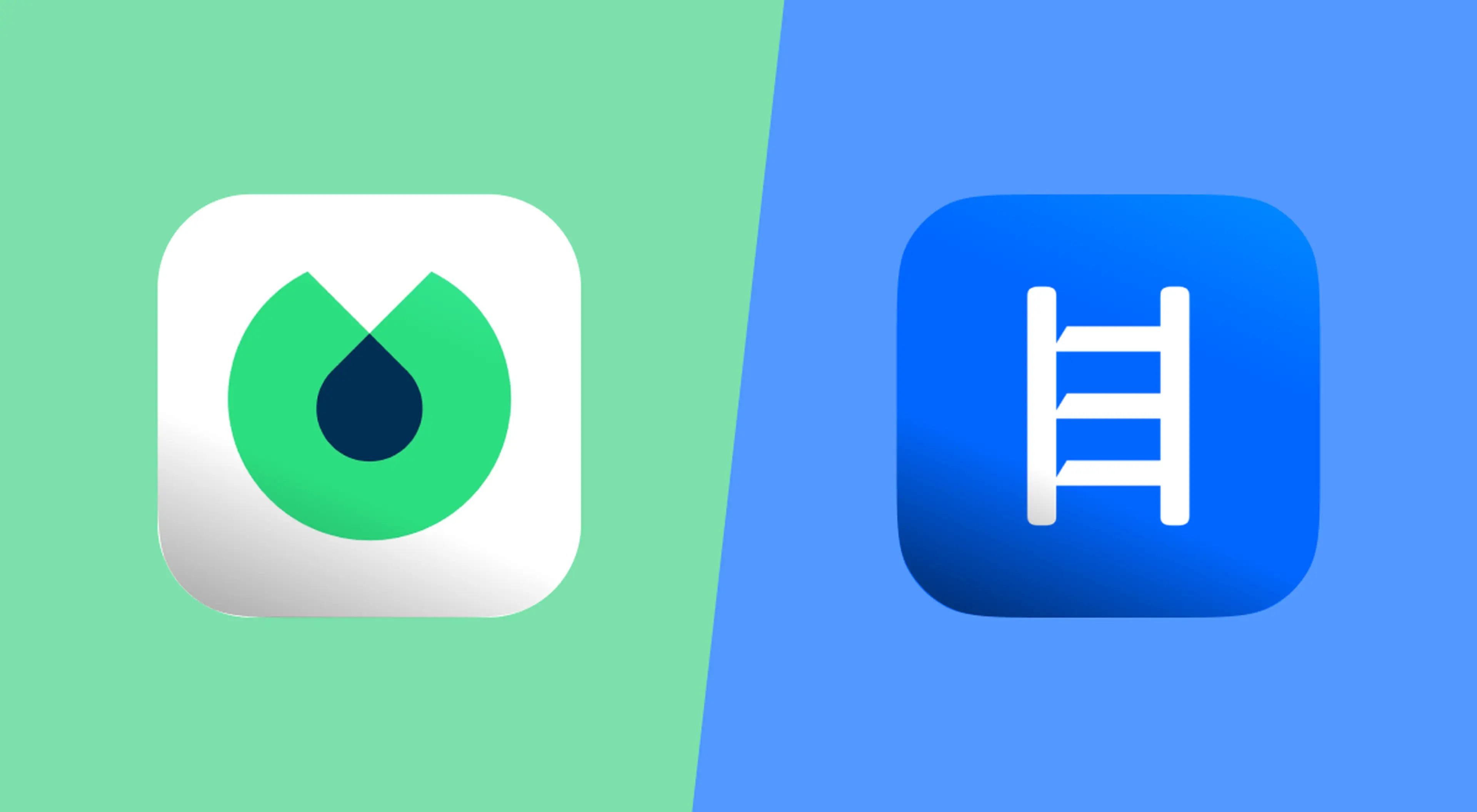 Blinkist vs Headway app comparison showing the green Blinkist water drop logo on a green background and the blue Headway ladder icon on a blue background