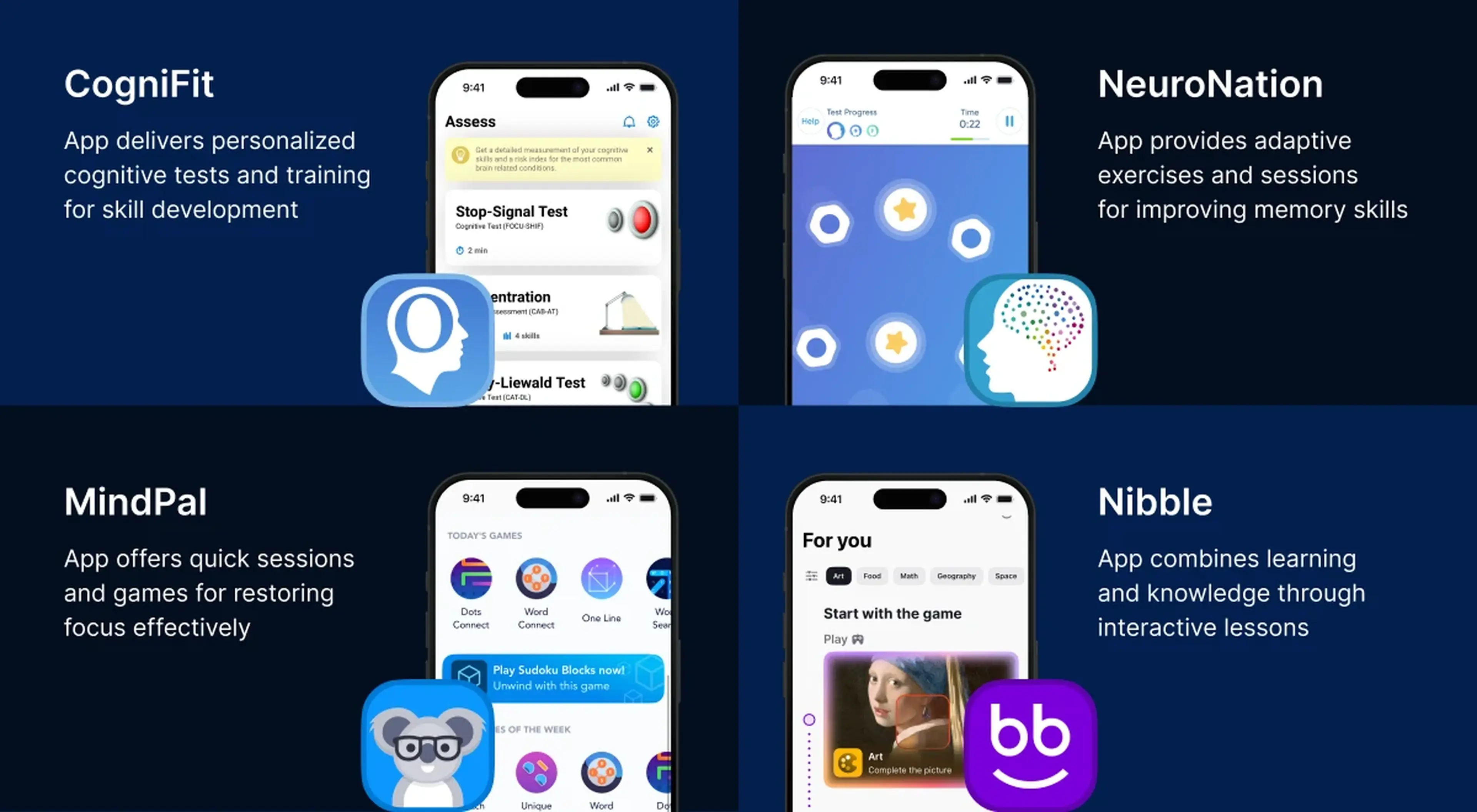 Four-panel comparison of best brain training apps — CogniFit, NeuroNation, MindPal, and Nibble — with smartphone screenshots showing brain games on dark navy background