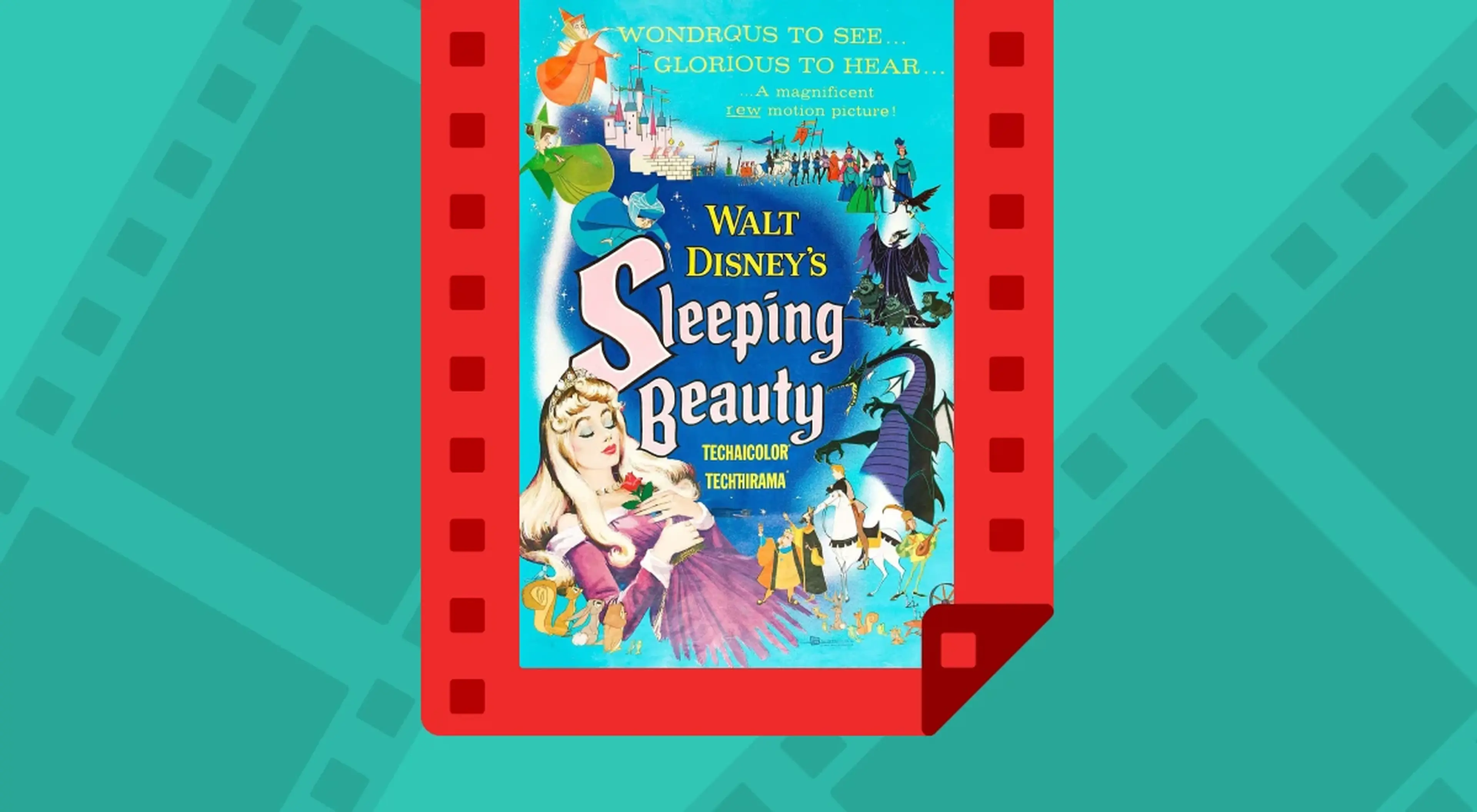 Walt Disney's Sleeping Beauty vintage movie poster on red filmstrip frame against teal background with filmstrip pattern, cinema trivia