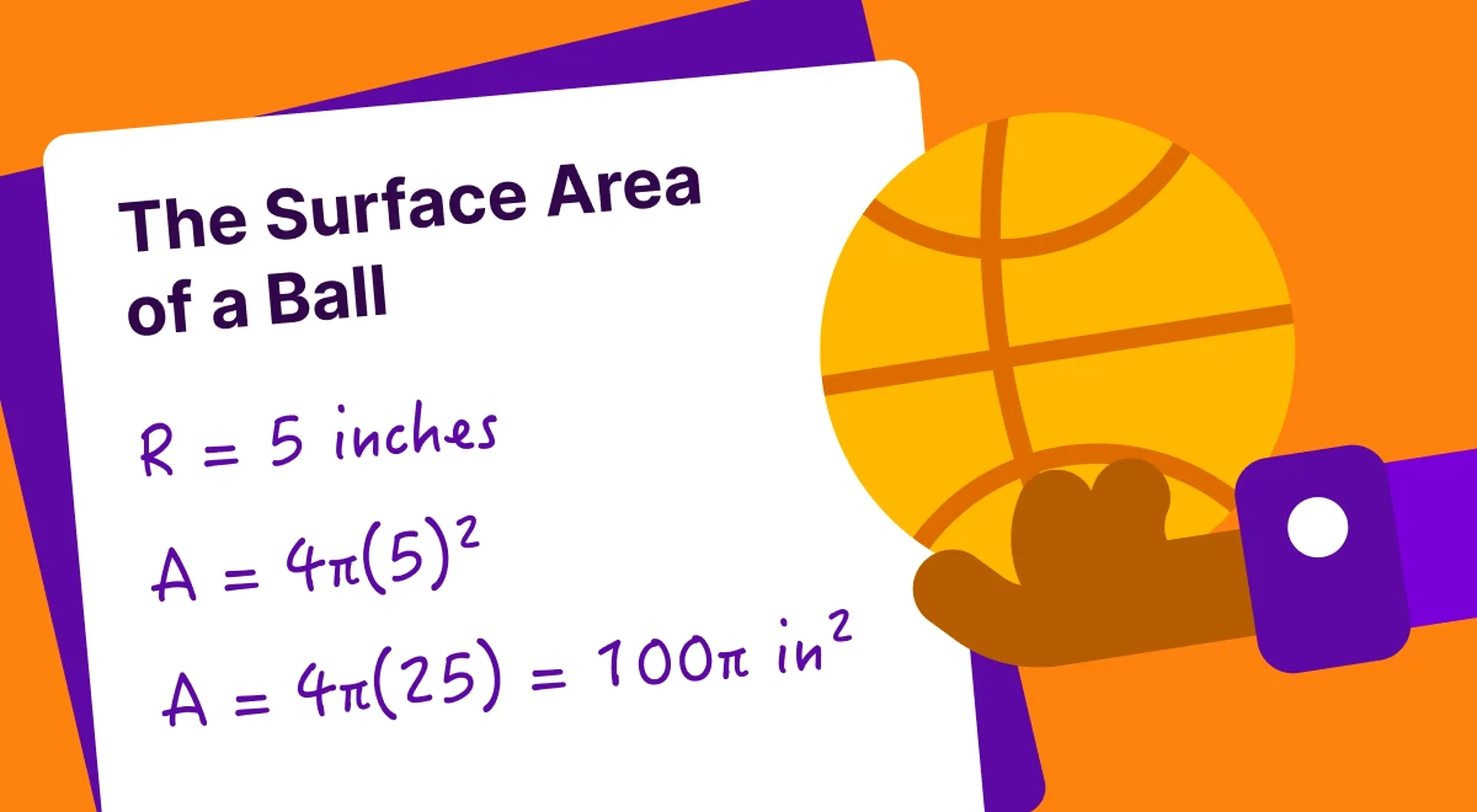 Illustrated hand holding a yellow basketball next to a white card showing surface area of a ball formula calculation on an orange background