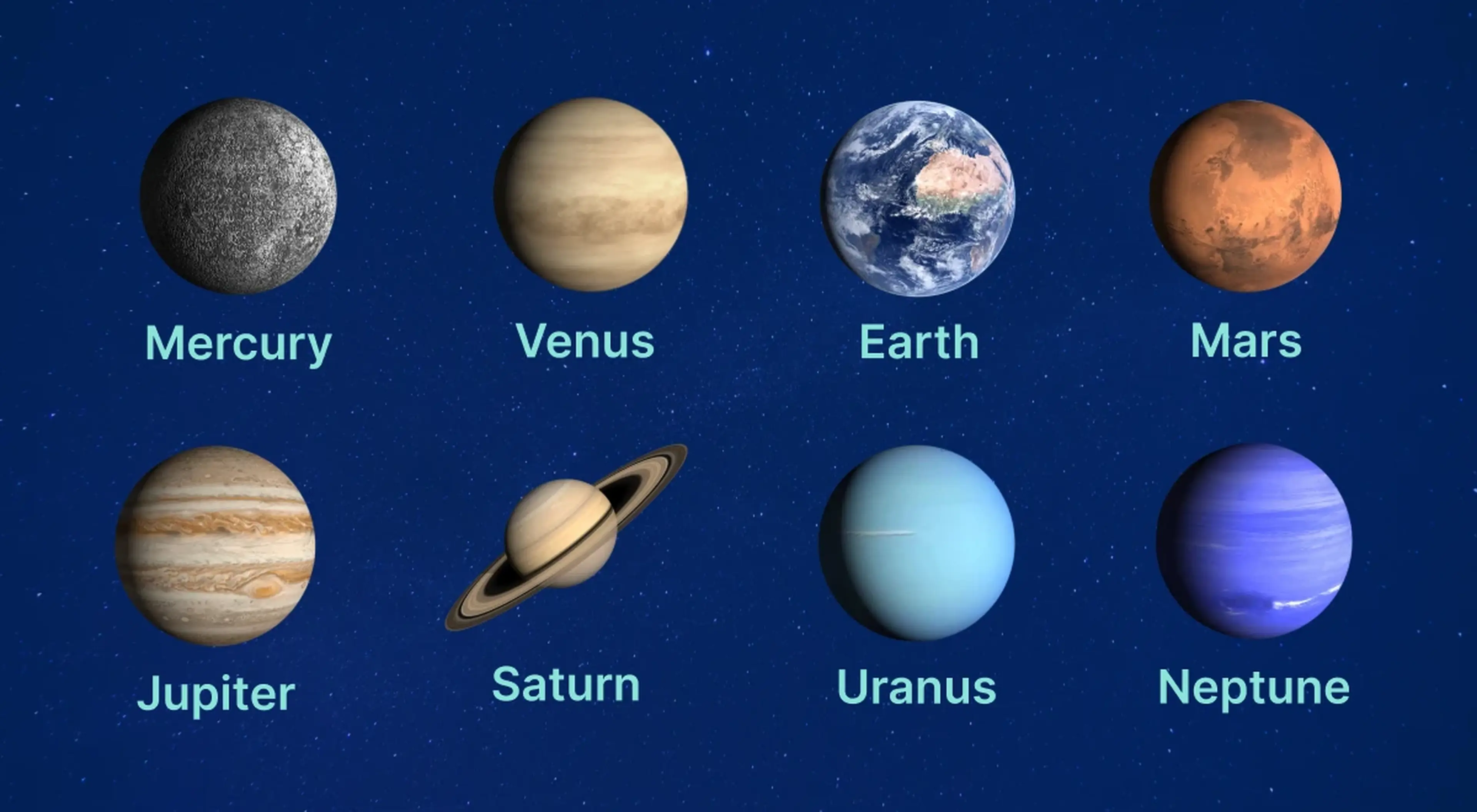 _Illustrated diagram of all eight solar system planets — Mercury, Venus, Earth, Mars, Jupiter, Saturn, Uranus, and Neptune — arranged in two rows against a starry dark blue space background