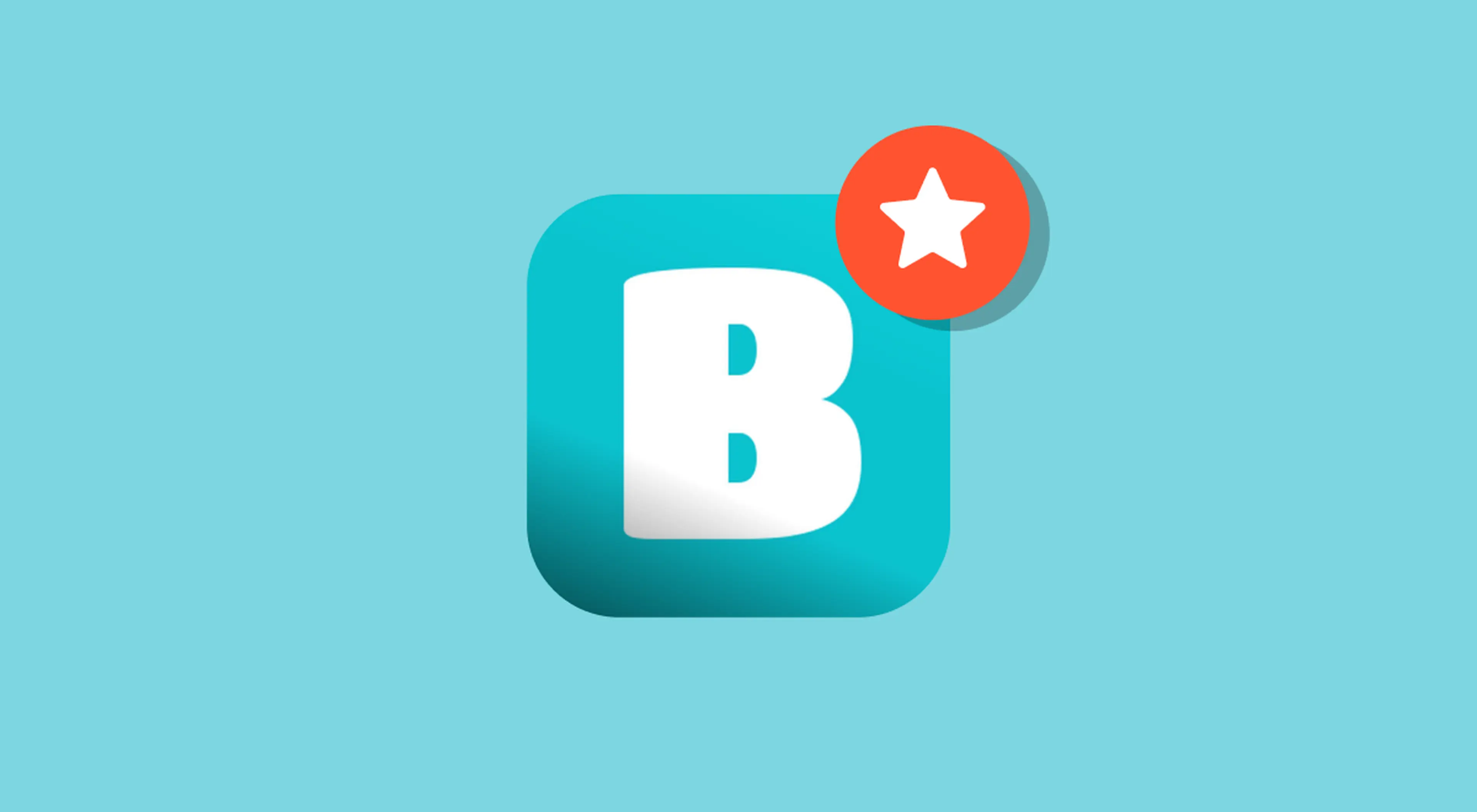 Teal Blooket app icon with a white letter B and an orange badge featuring a white star, set against a light turquoise background for a Blooket review