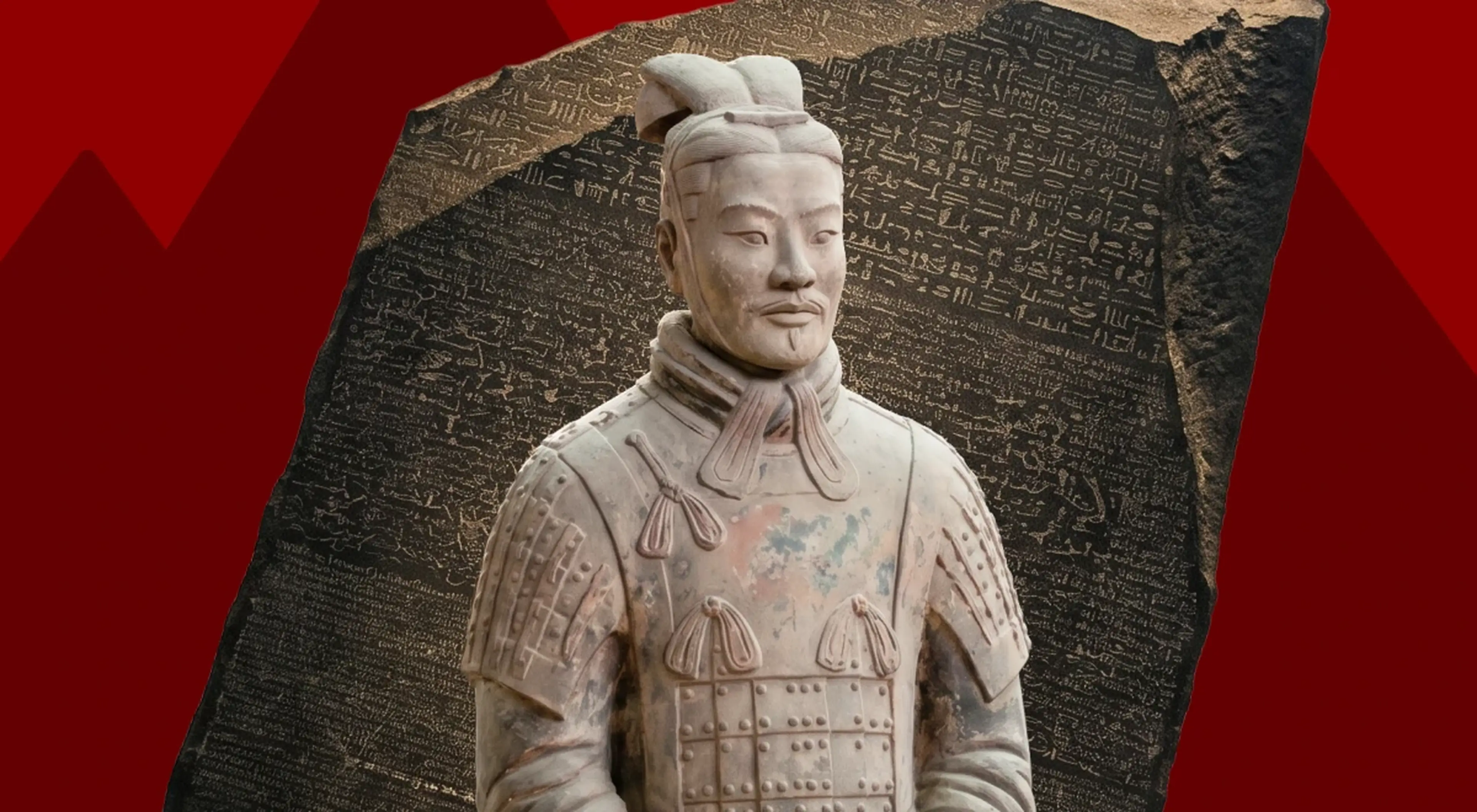 Close-up of a terracotta warrior statue from ancient China against a red background with an engraved stone tablet, featuring a small circular user avatar overlay