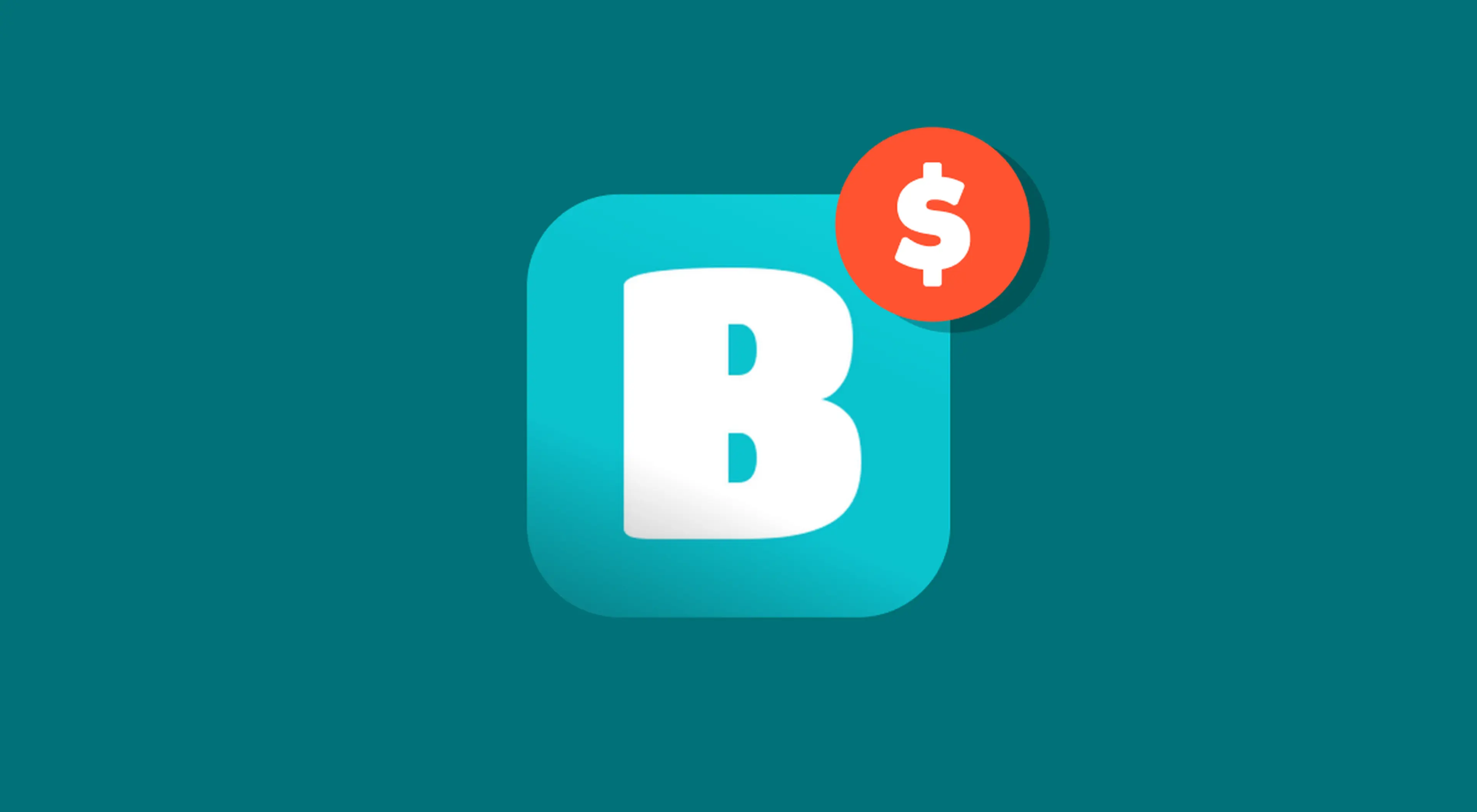 Blooket app icon with a white letter B on a teal background and an orange dollar sign badge, representing Blooket pricing on a dark teal backdrop