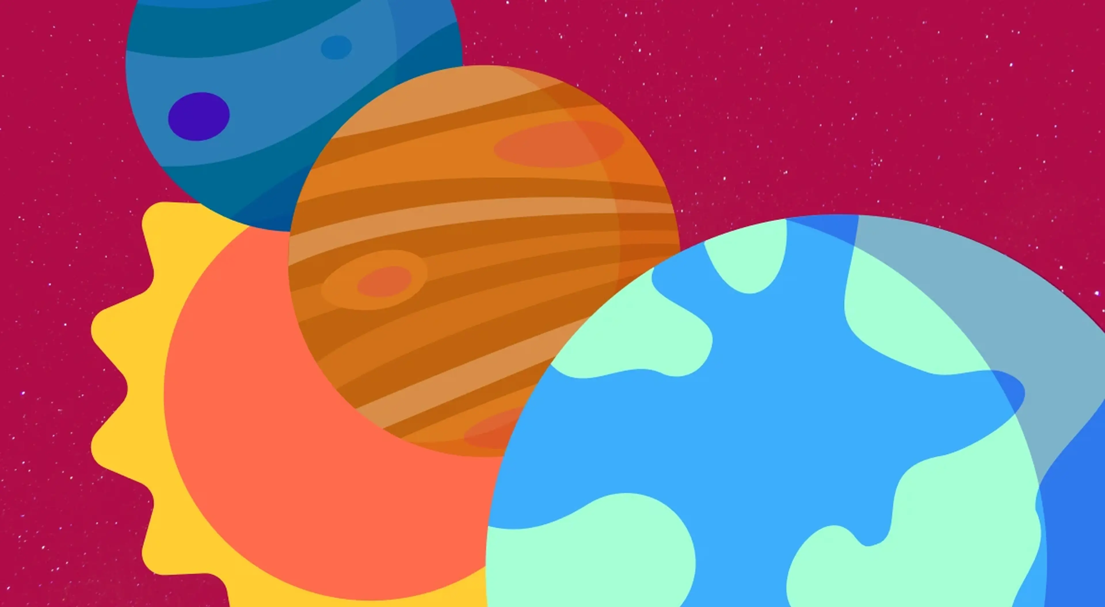 solar system featuring Earth, Jupiter, a blue planet, and the sun grouped together against a dark red starry space backgroundx