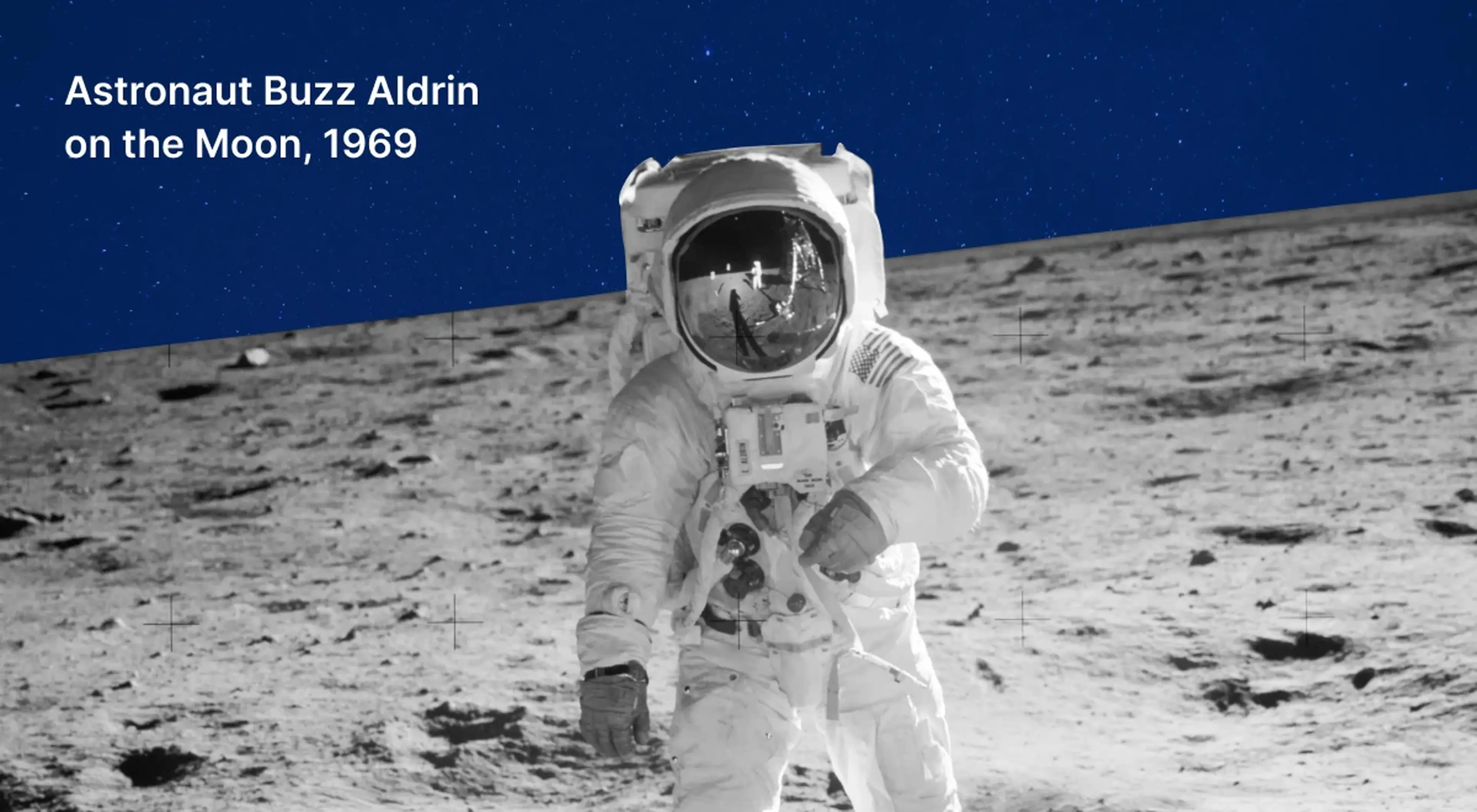 Astronaut Buzz Aldrin in a white spacesuit standing on the gray lunar surface during the Apollo 11 Moon landing in 1969, with a starry sky in the background