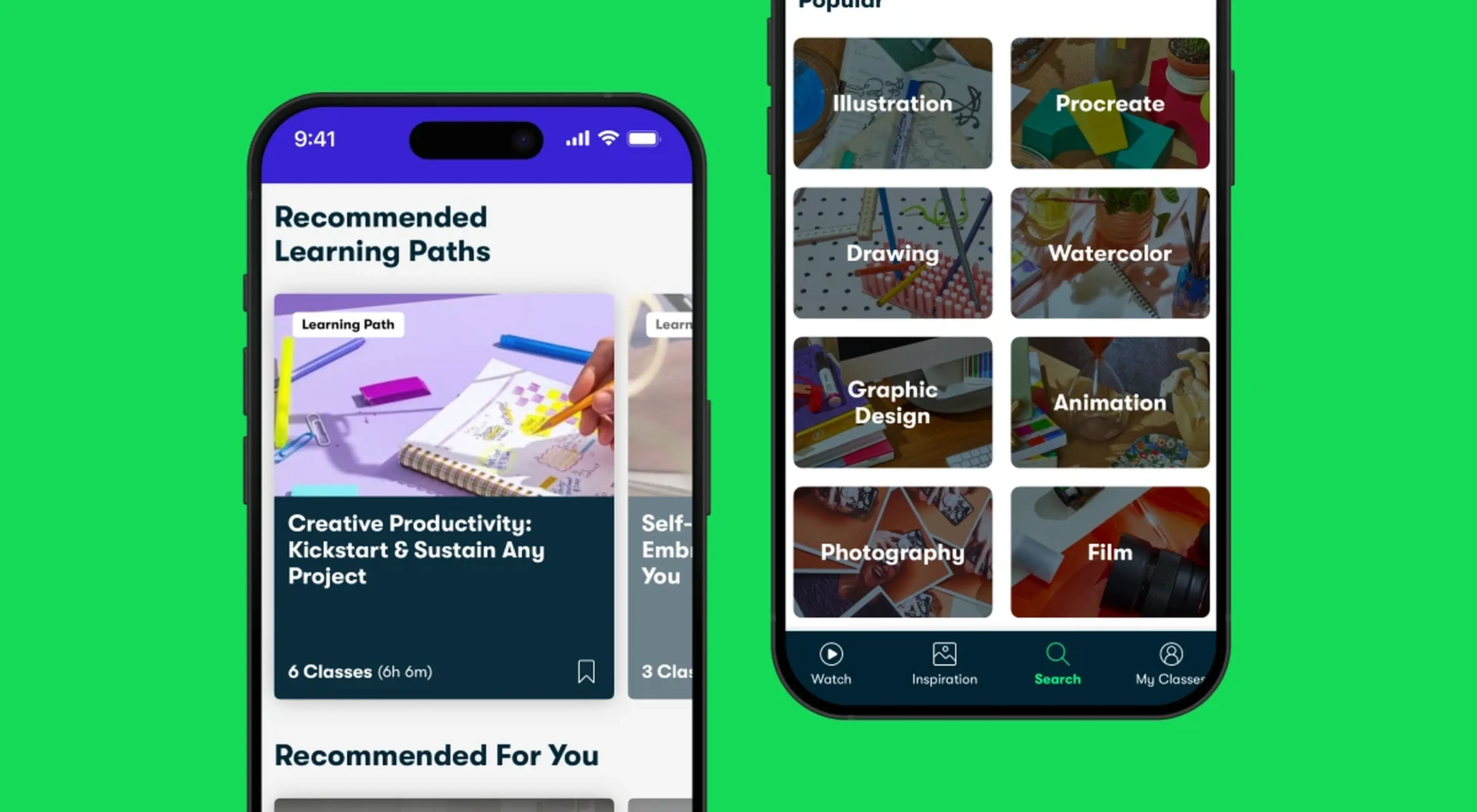 Two Skillshare app screens displaying Recommended Learning Paths and popular class categories including Illustration, Procreate, Drawing, and Animation on green background