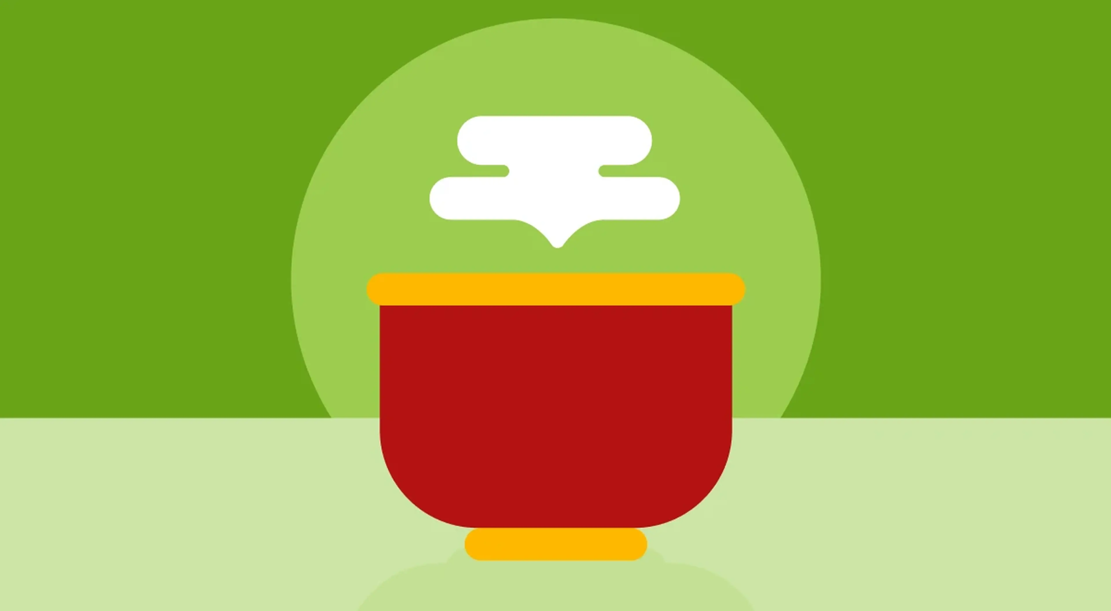Flat illustration of a red and gold Chinese bowl with steam rising on a green background, symbolizing ancient Chinese inventions related to food culture and ceramics