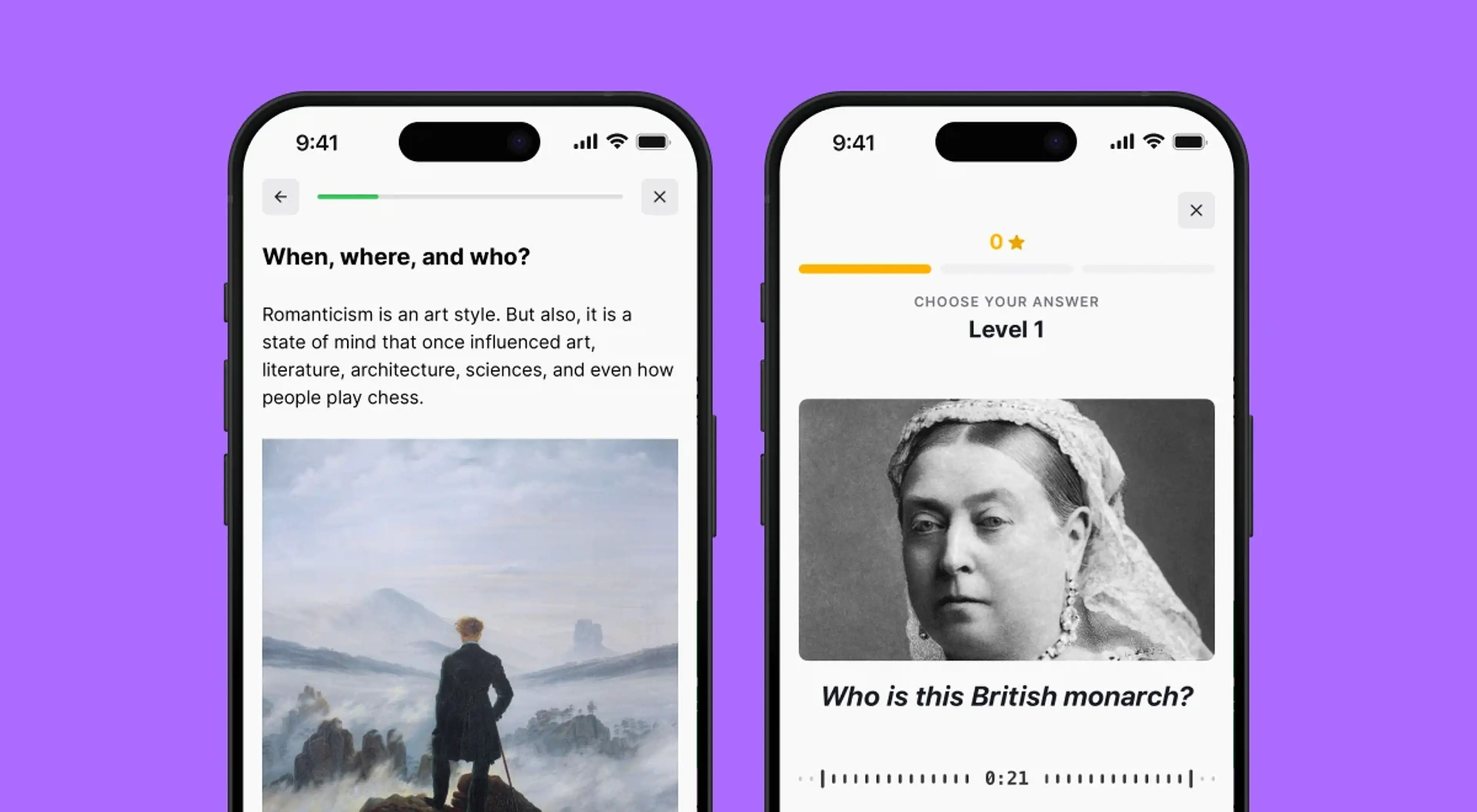 Two Nibble app screenshots on iPhones displaying a Romanticism knowledge article with a Caspar David Friedrich painting and a Level 1 quiz question asking to identify a British monarch portrait