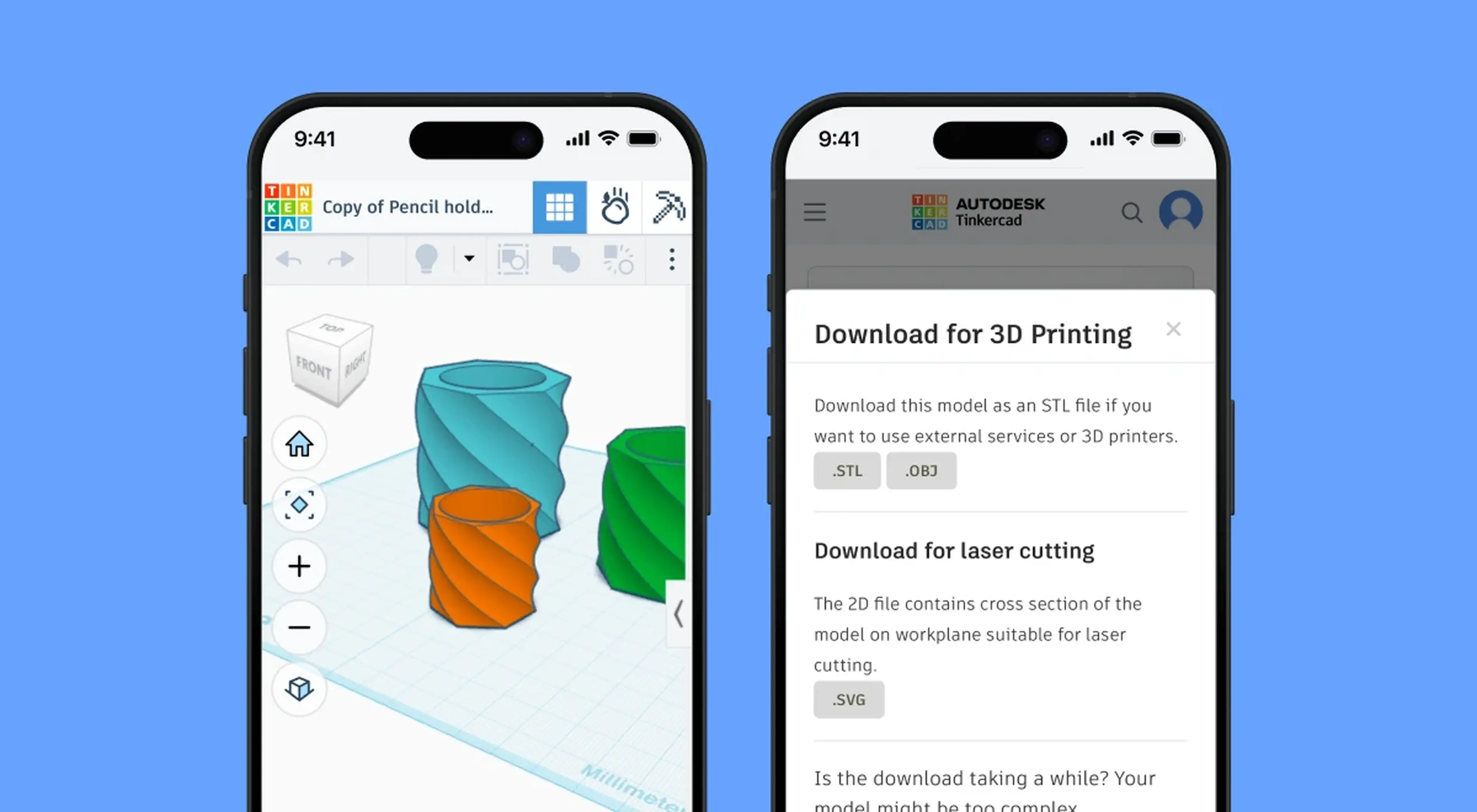 Two iPhone screens showing Tinkercad app with a 3D model of colorful pencil holders and download options for STL and OBJ formats for 3D printing and laser cutting