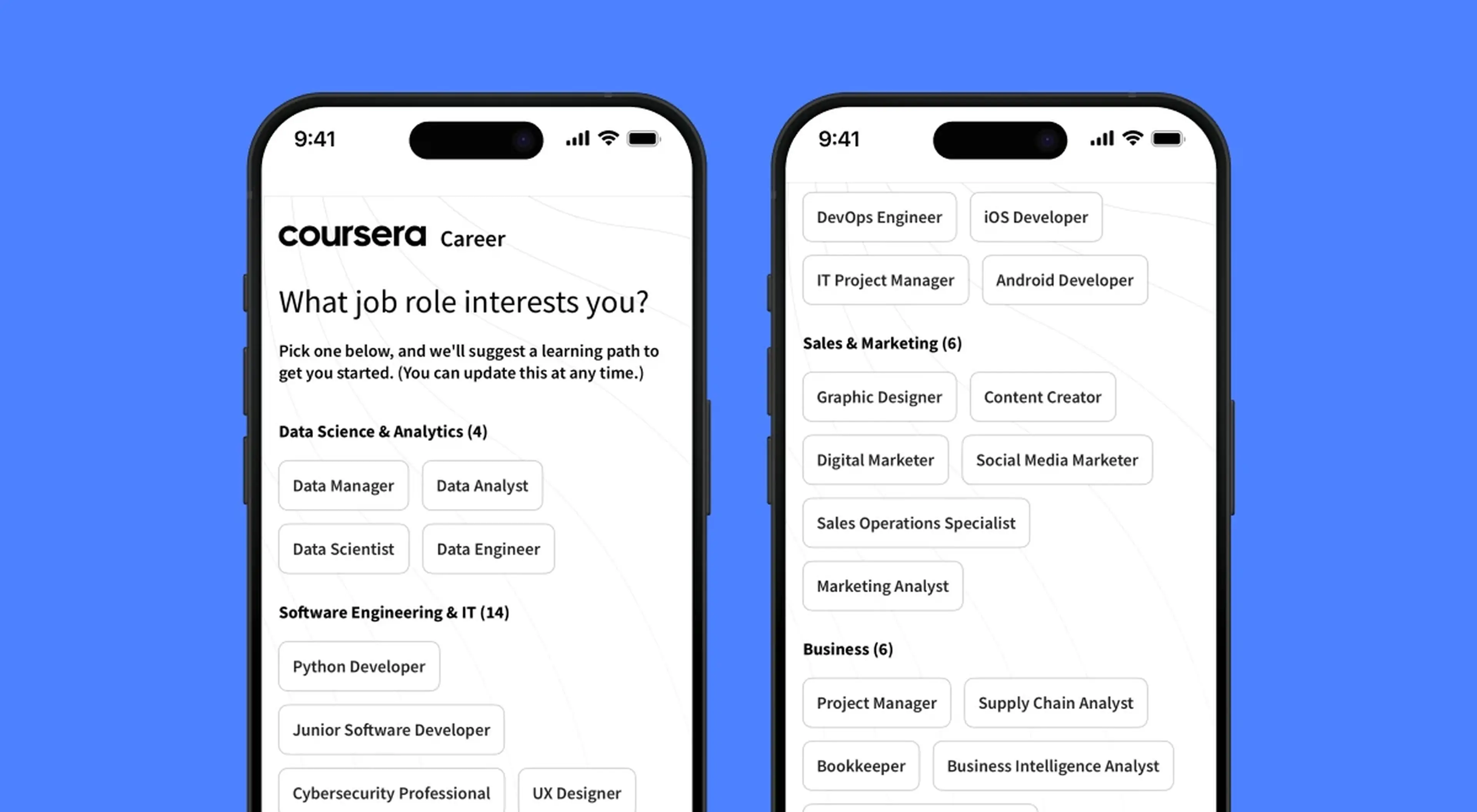 Coursera app on two iPhones showing career interest selection screen with job roles in data science, software engineering, sales, and business categories