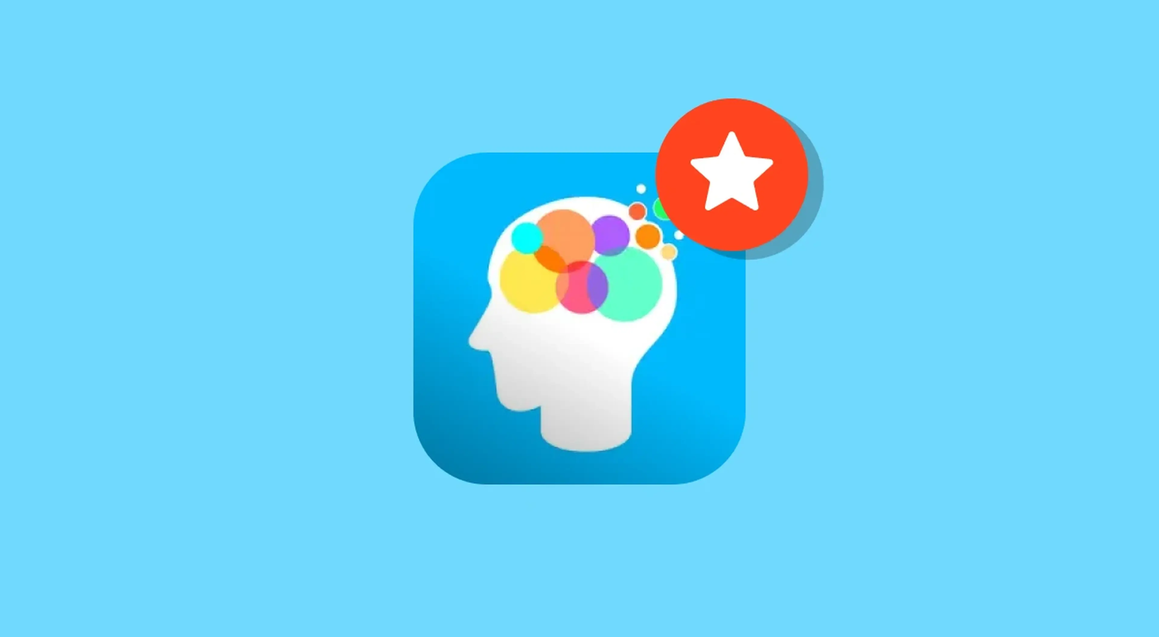 Peak brain training app icon featuring a white head silhouette with colorful bubbles on a blue background, with a red featured badge
