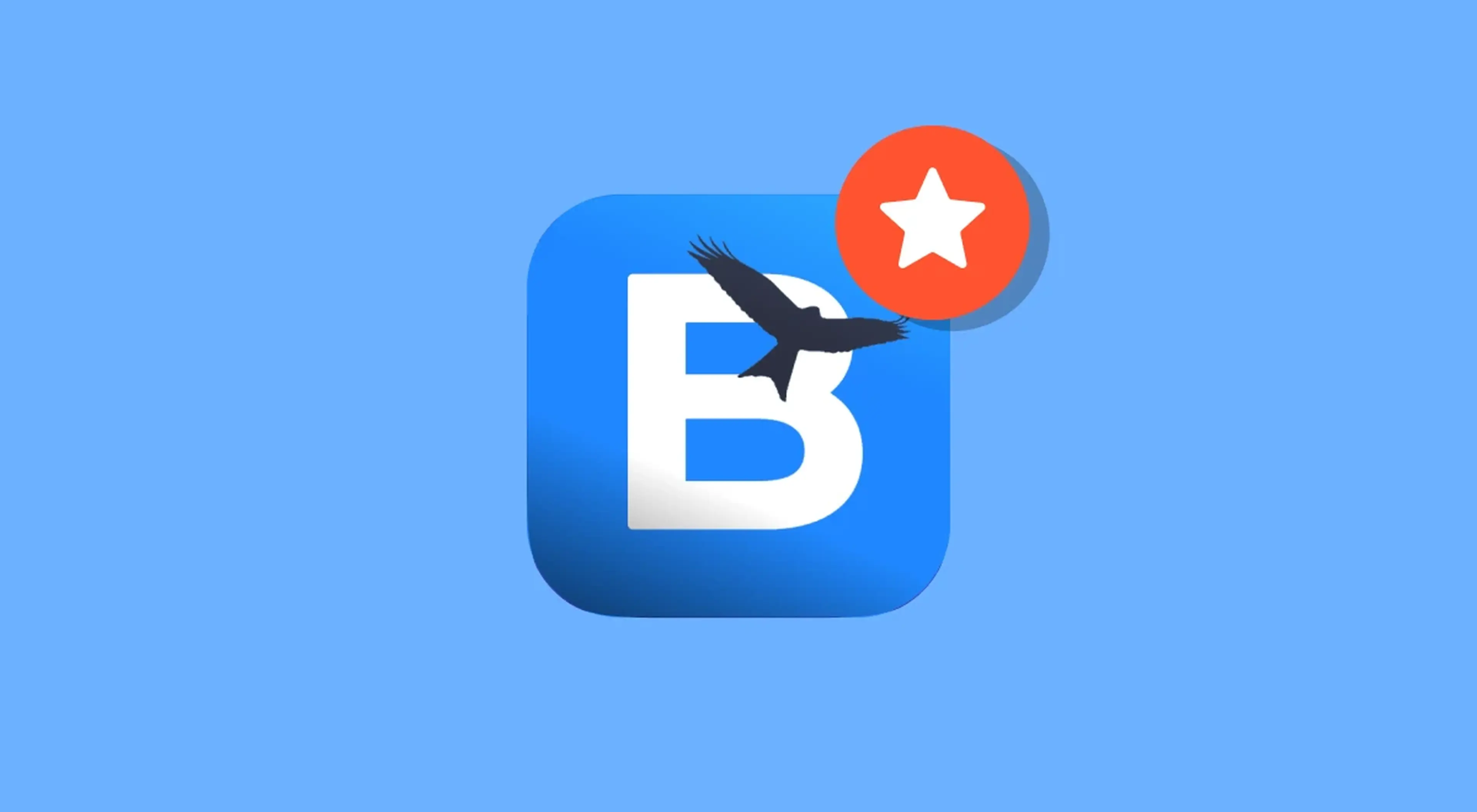 Birda app icon with a white letter B and flying bird silhouette on a blue background, featuring a red star badge as a top-rated birdwatching app