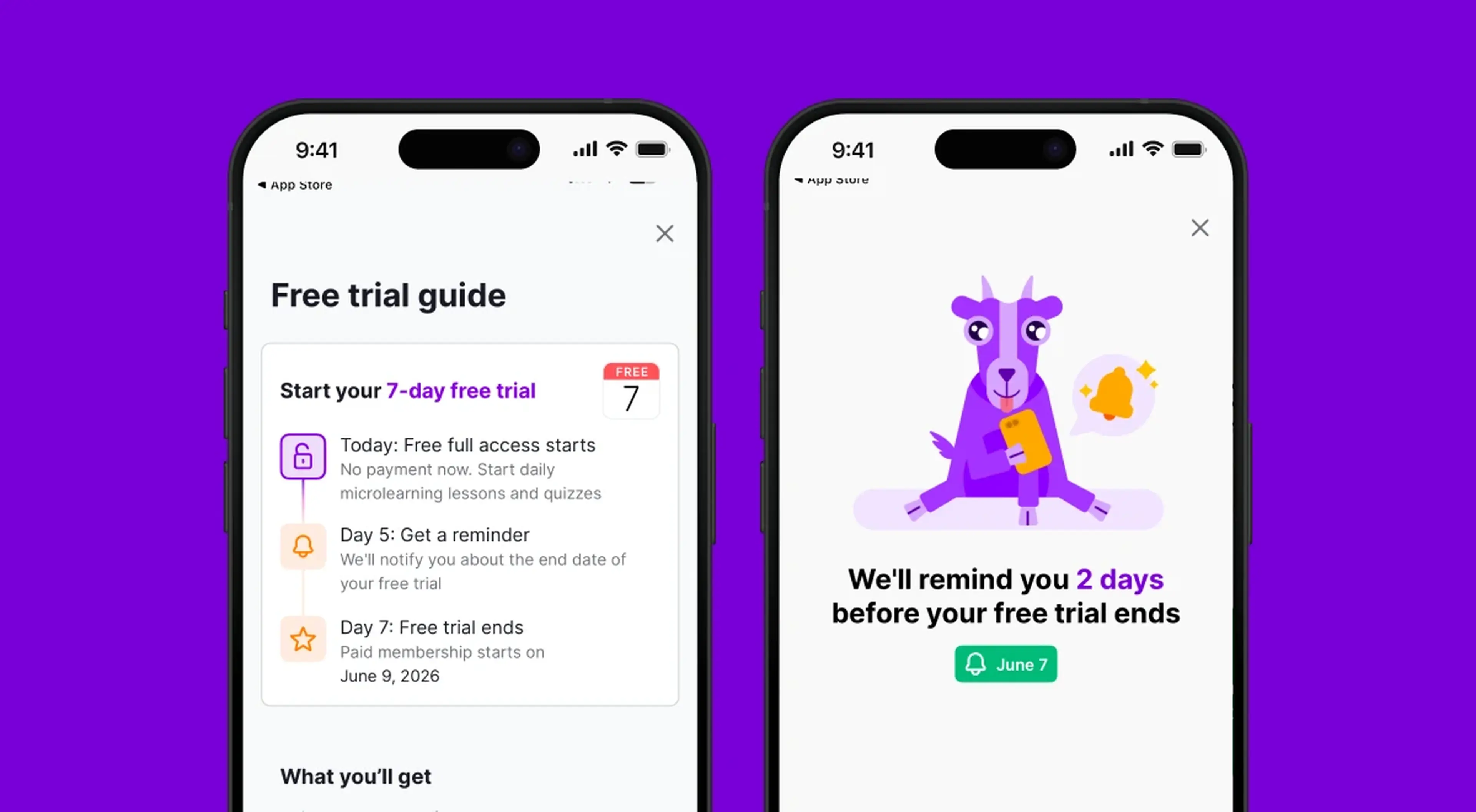 Two iPhone screens showing Nibble app free trial guide with a 7-day timeline and a purple cartoon kangaroo with a reminder notification for trial end date