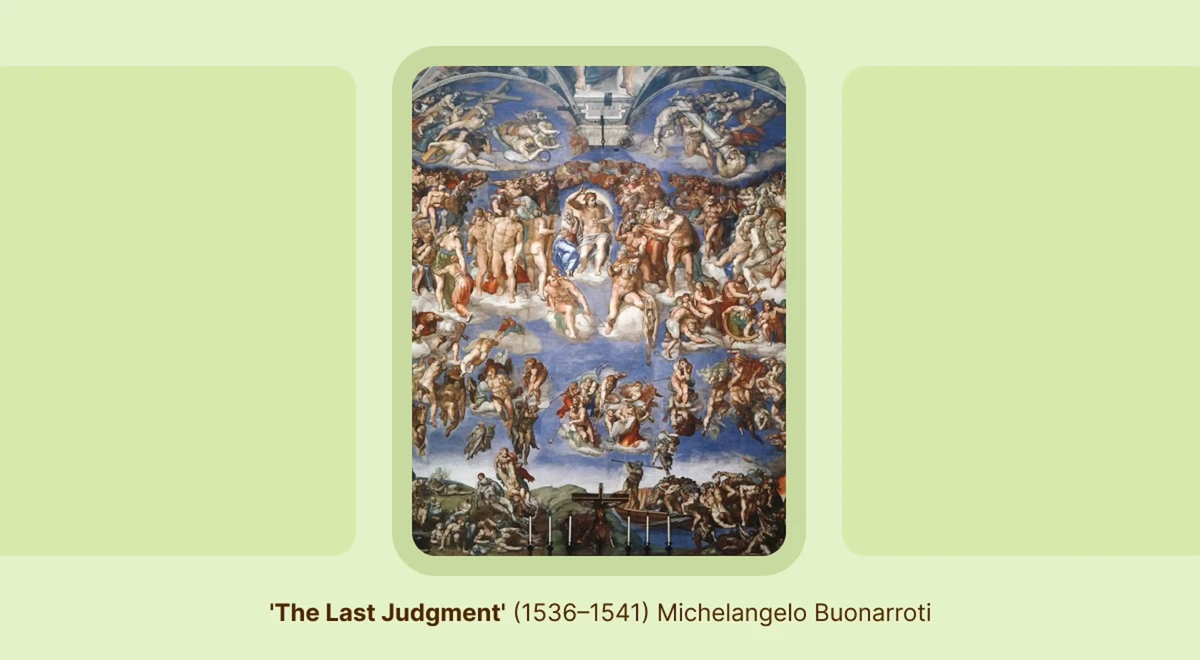 The Last Judgment fresco, one of Michelangelo's most famous works, showing a crowded heavenly scene with angels, saints and souls rising and falling beneath a vivid blue sky