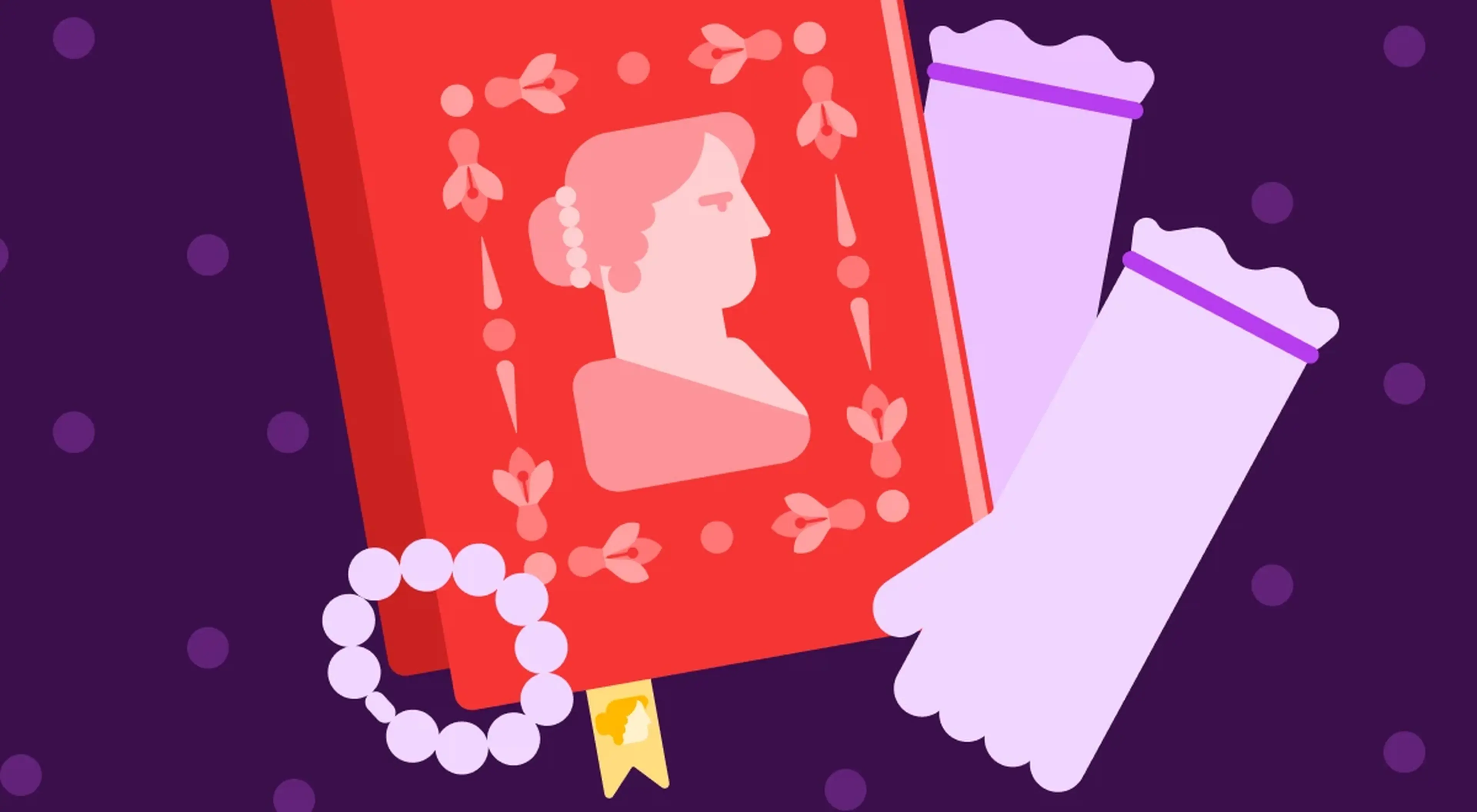 Illustrated still life with a red hardcover book featuring a woman's portrait, two rolled purple scrolls, and a pearl bracelet on a dark purple background