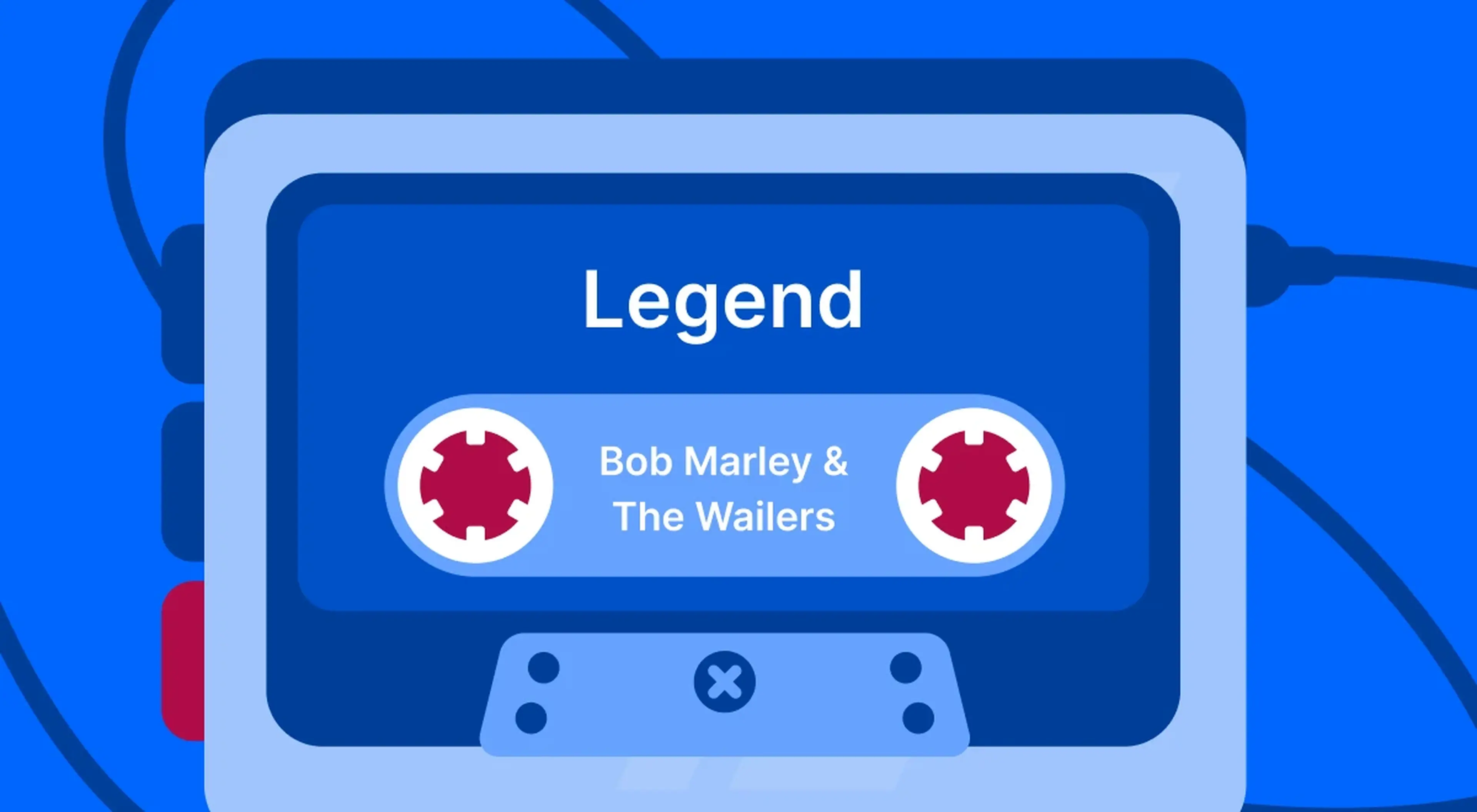 Illustrated cassette tape with Bob Marley and The Wailers Legend album label on a blue background