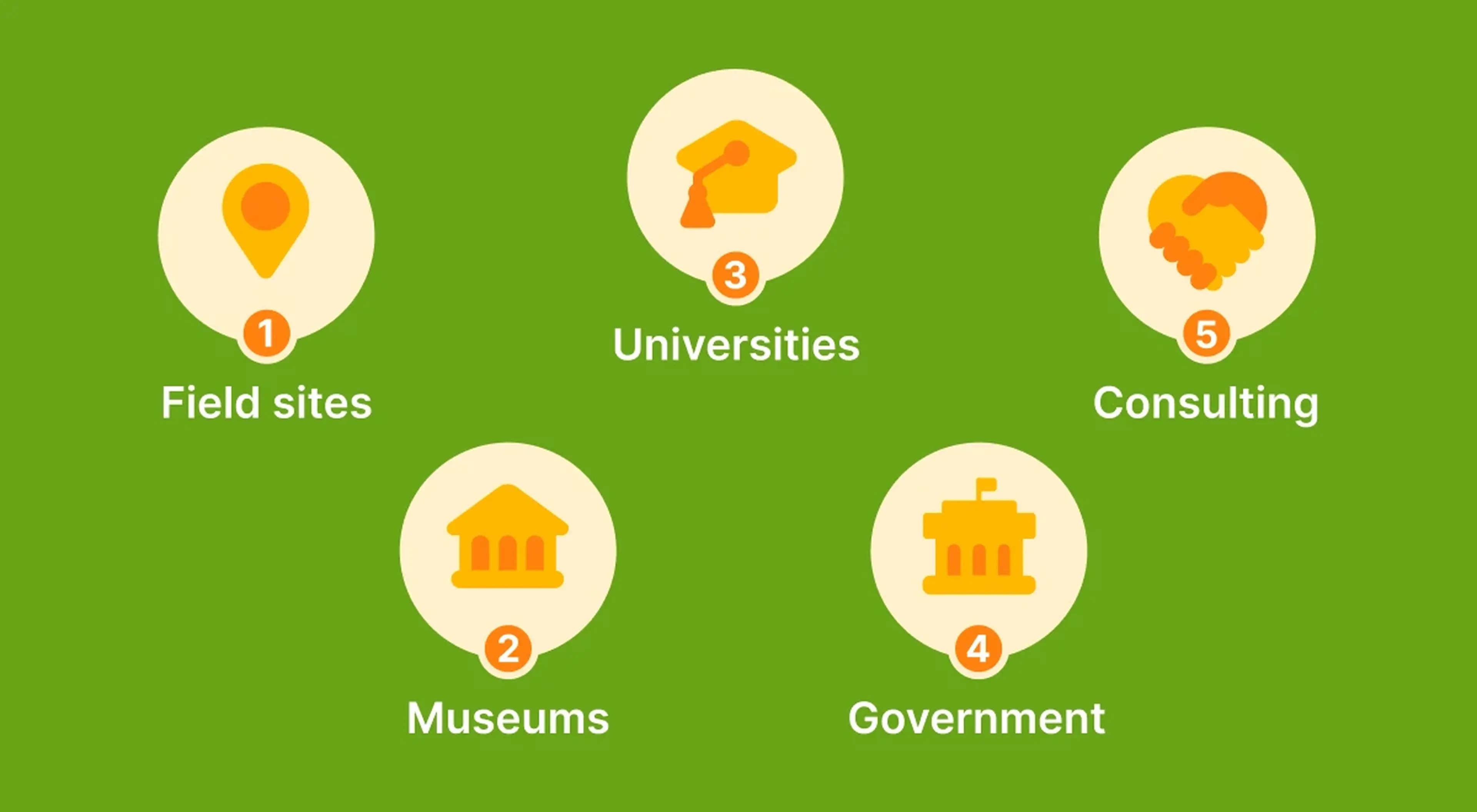 Illustrated diagram of five archaeology career paths — Field Sites, Museums, Universities, Government, and Consulting — shown as numbered orange icons on a green background