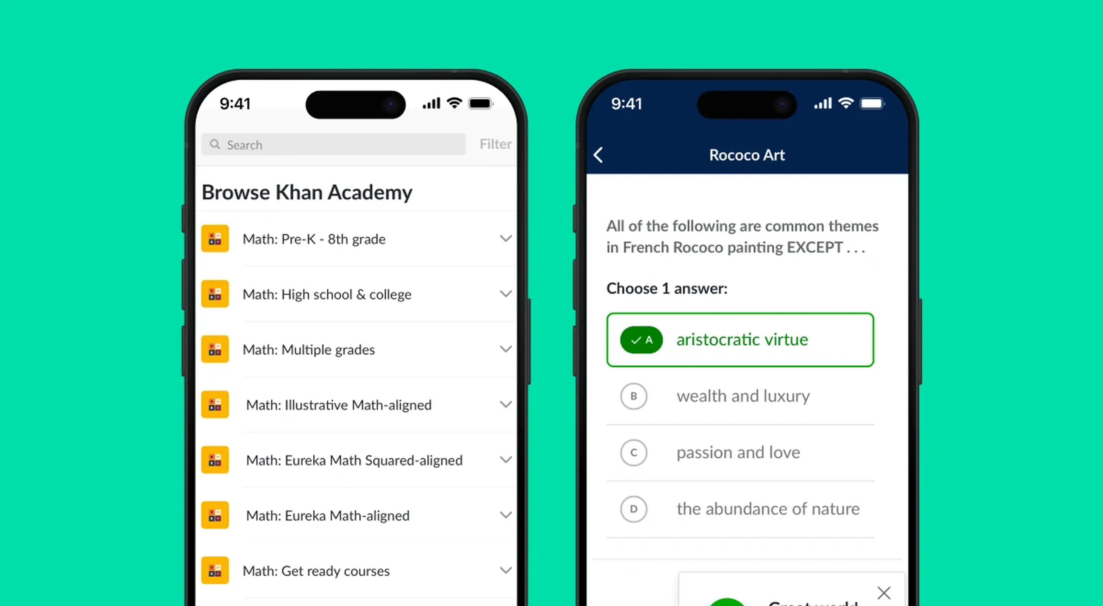 Two iPhone screens showing Khan Academy app interface with math course browsing menu and a Rococo Art multiple choice quiz question