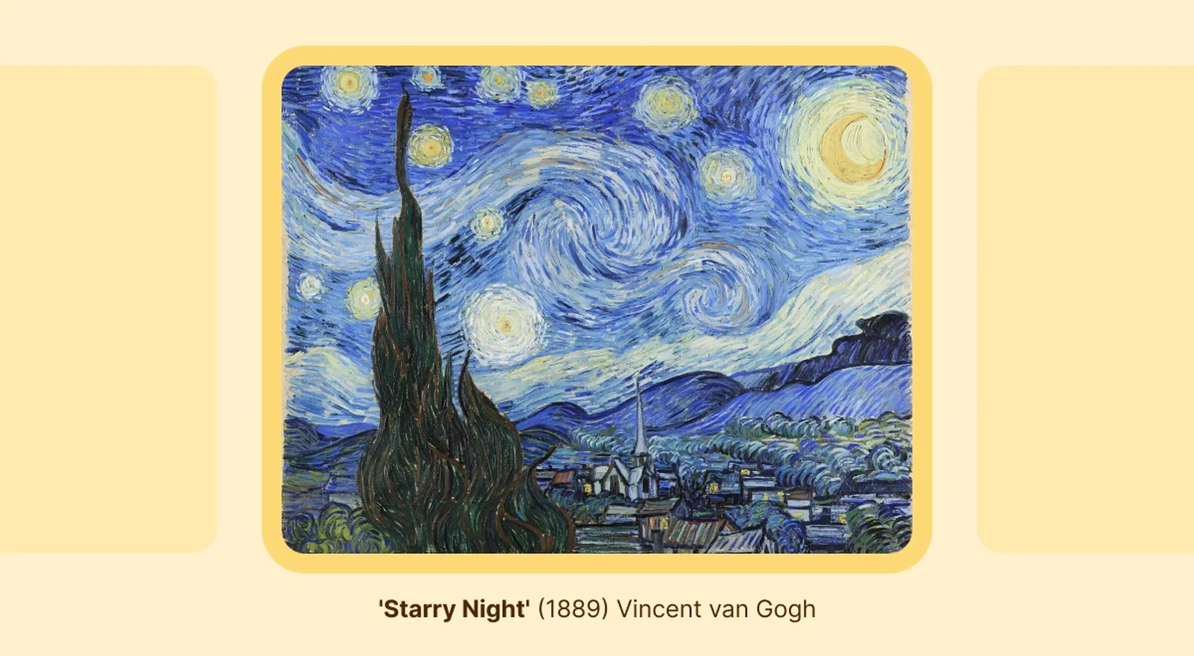 Vincent van Gogh's Starry Night painting from 1889 featuring a swirling night sky over a village with a tall dark cypress tree in the foreground