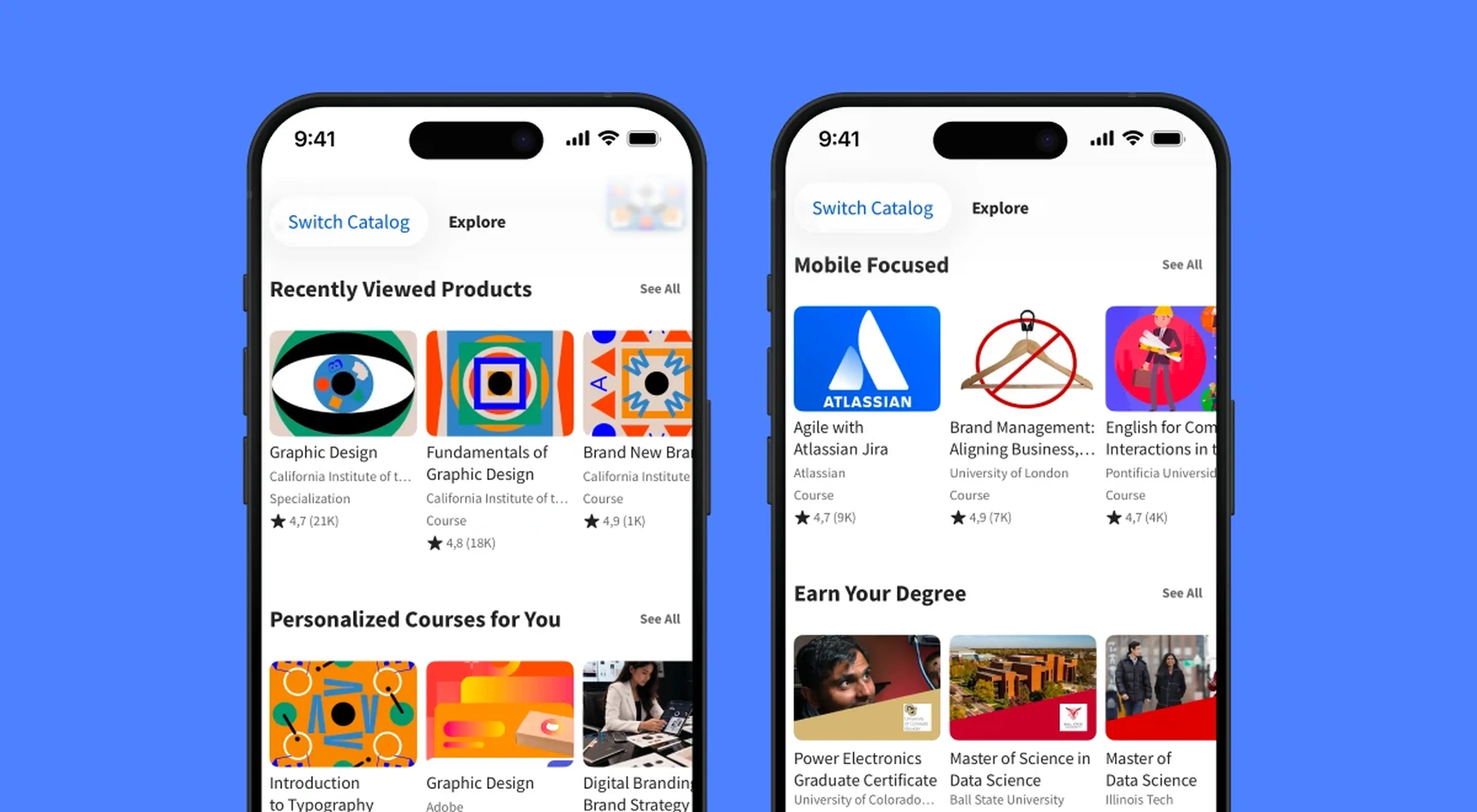Coursera app on two iPhones showing recently viewed graphic design courses and mobile-focused catalog with data science degree programs