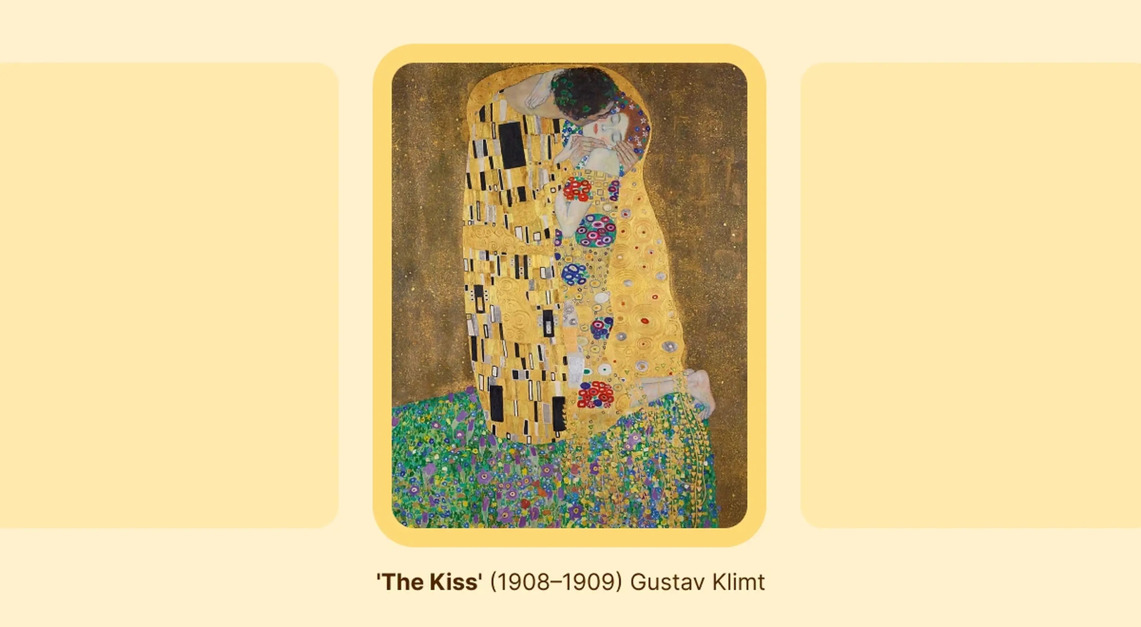 Klimt's The Kiss artwork used in an art quiz, depicting an embracing couple covered in golden ornamental patterns standing on a flower-filled meadow with shimmering gold background