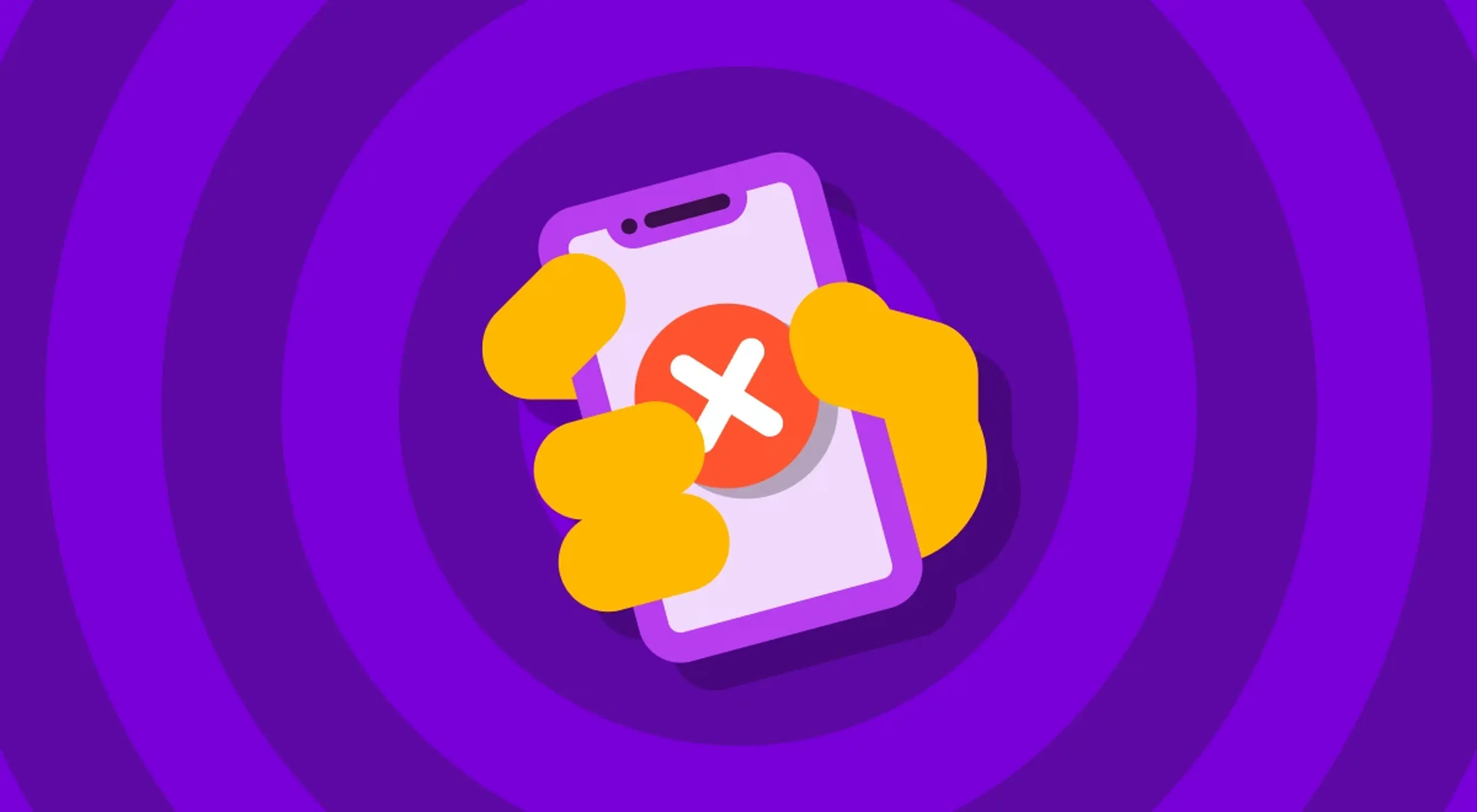 Illustrated smartphone with a red X button surrounded by gold coins on a purple background, representing cancelling a paid subscription