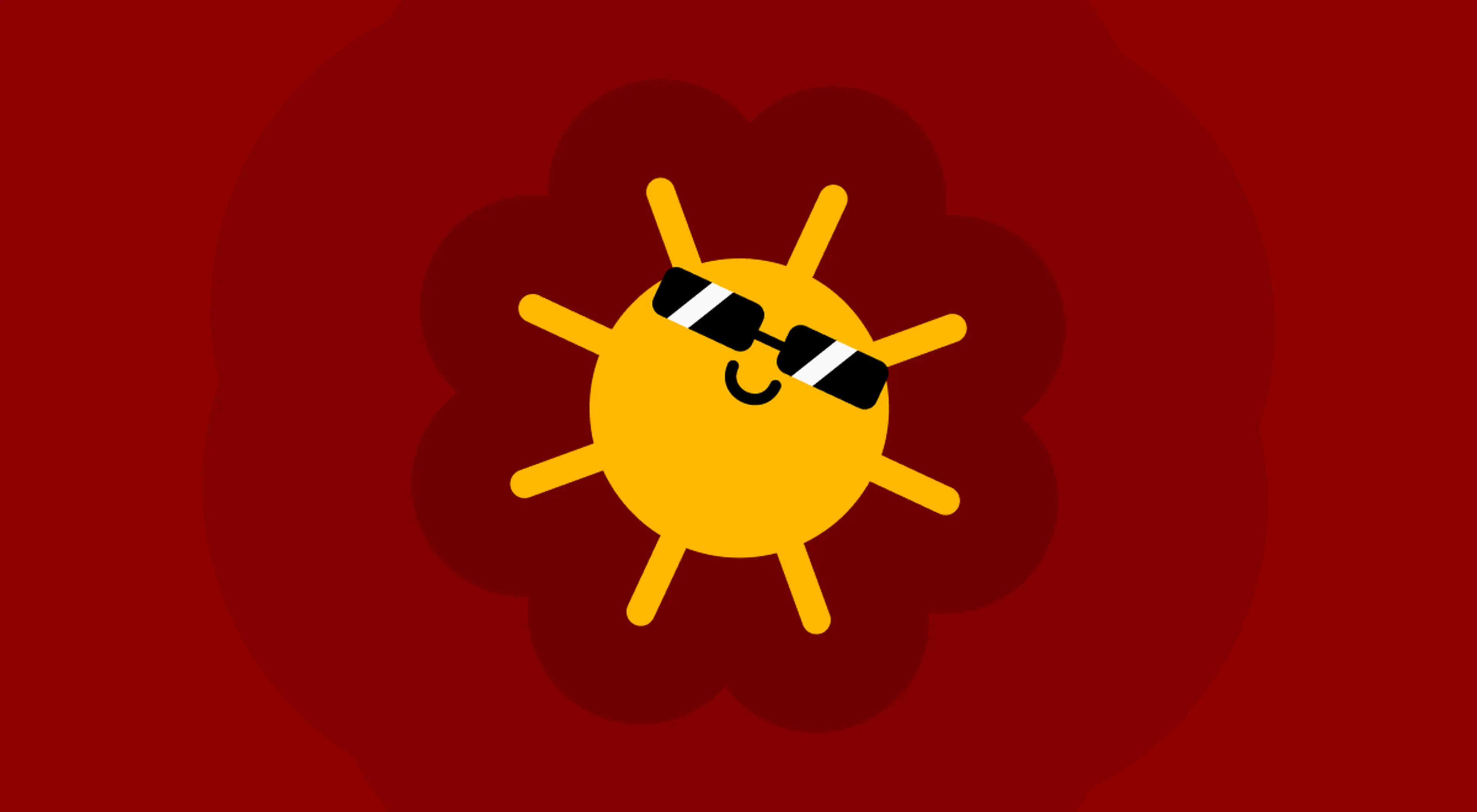 Cheerful yellow cartoon sun wearing black sunglasses and smiling, set against a dark red background with a subtle flower-shaped silhouette