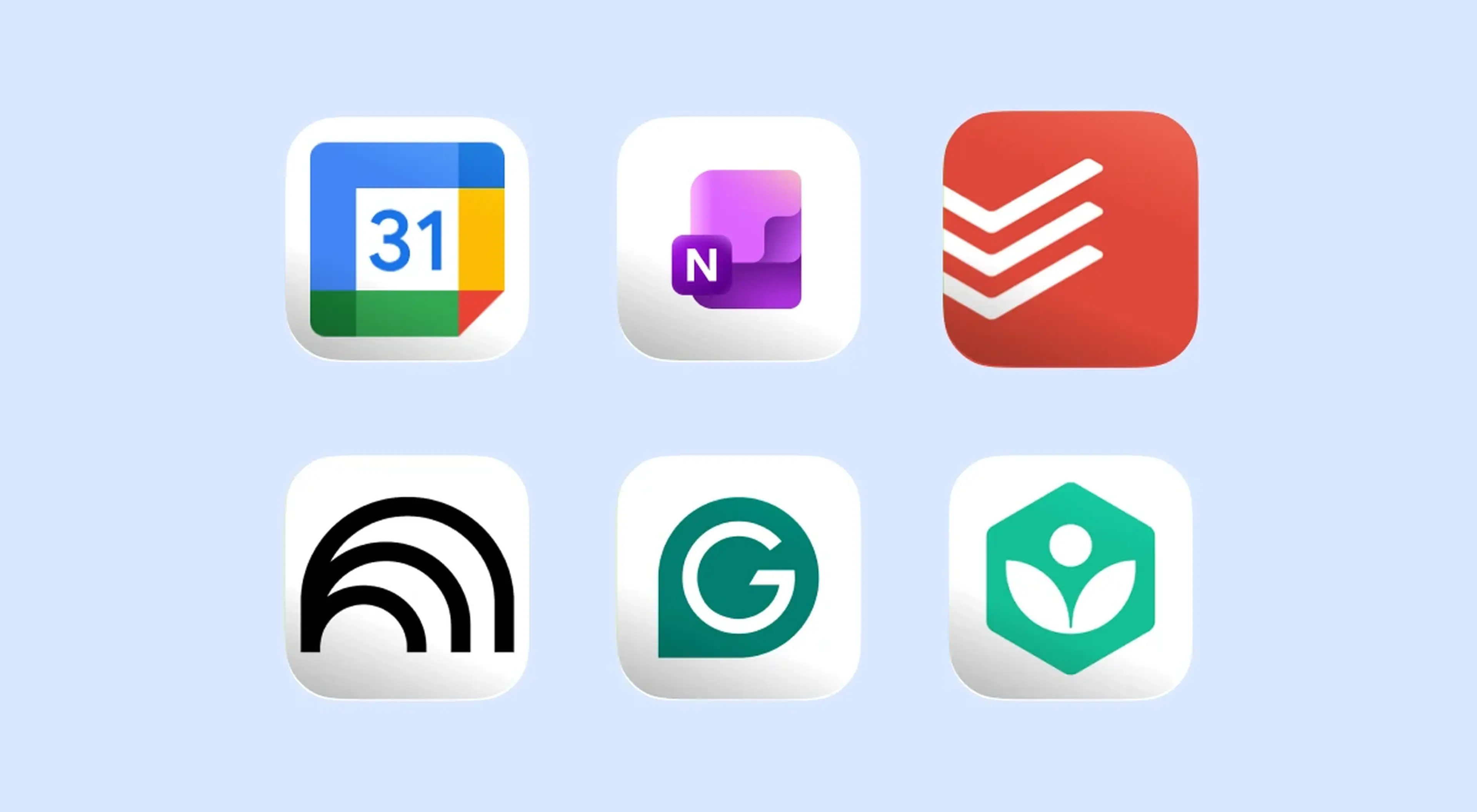 Six college study app icons on light blue background including Google Calendar, Microsoft OneNote, Todoist, Overcast, Grammarly, and Prepaway