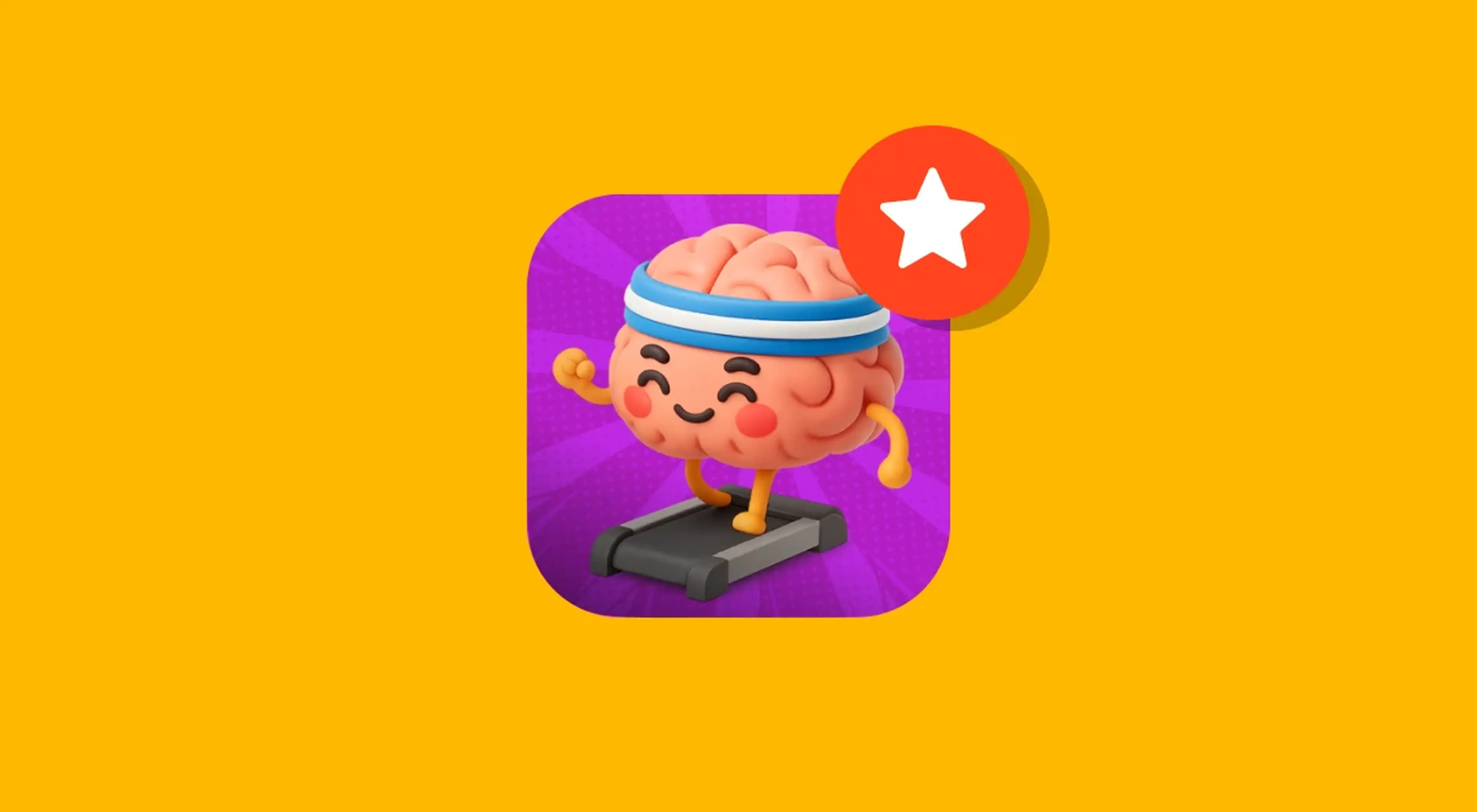 Brain Gym app icon featuring a cheerful cartoon brain character working out, displayed on a yellow-orange background with a red star badge