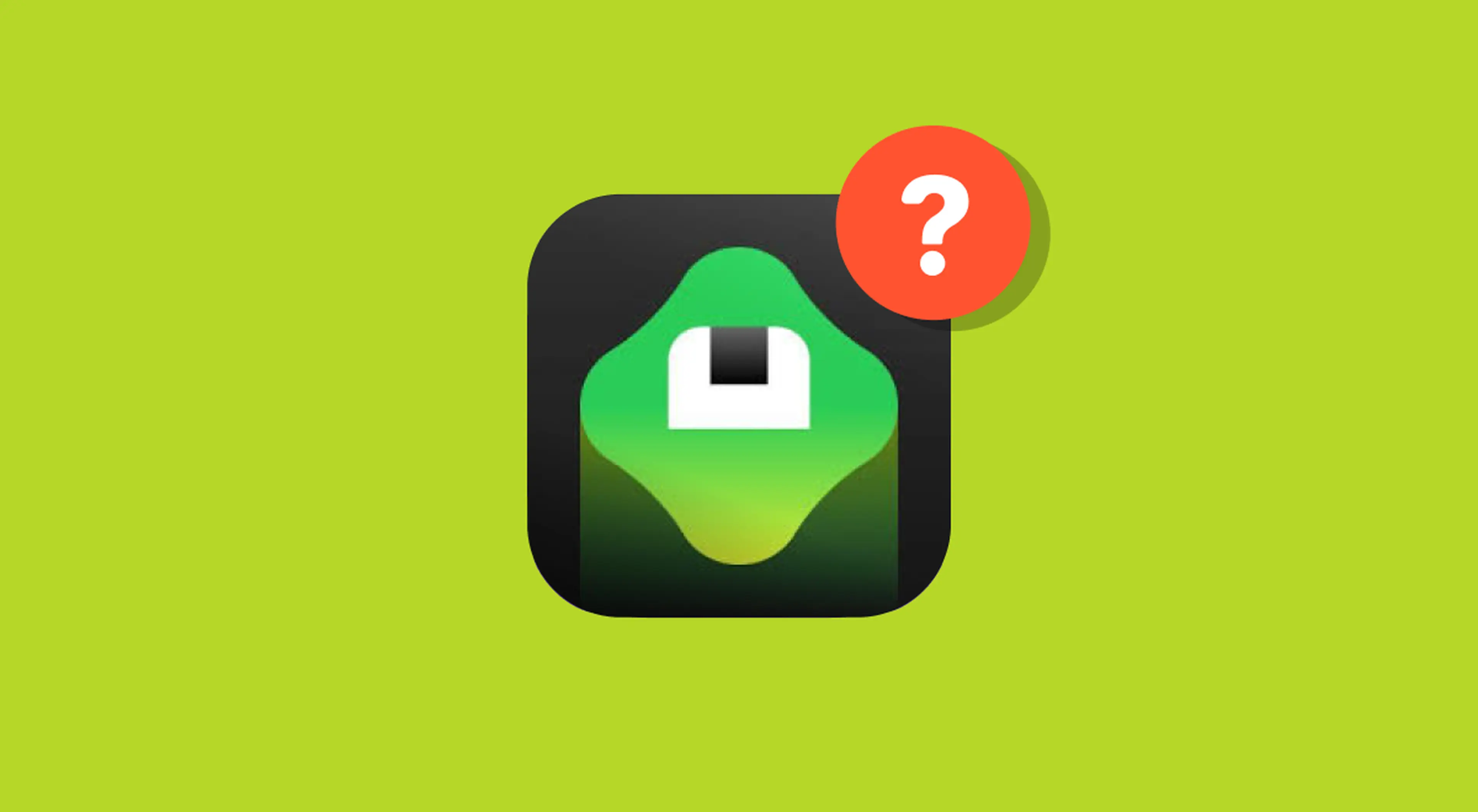 Icône d'application noire avec logo vert et badge rouge à point d'interrogation sur fond vert vif, illustrant la question de savoir si Brilliant en vaut la peine