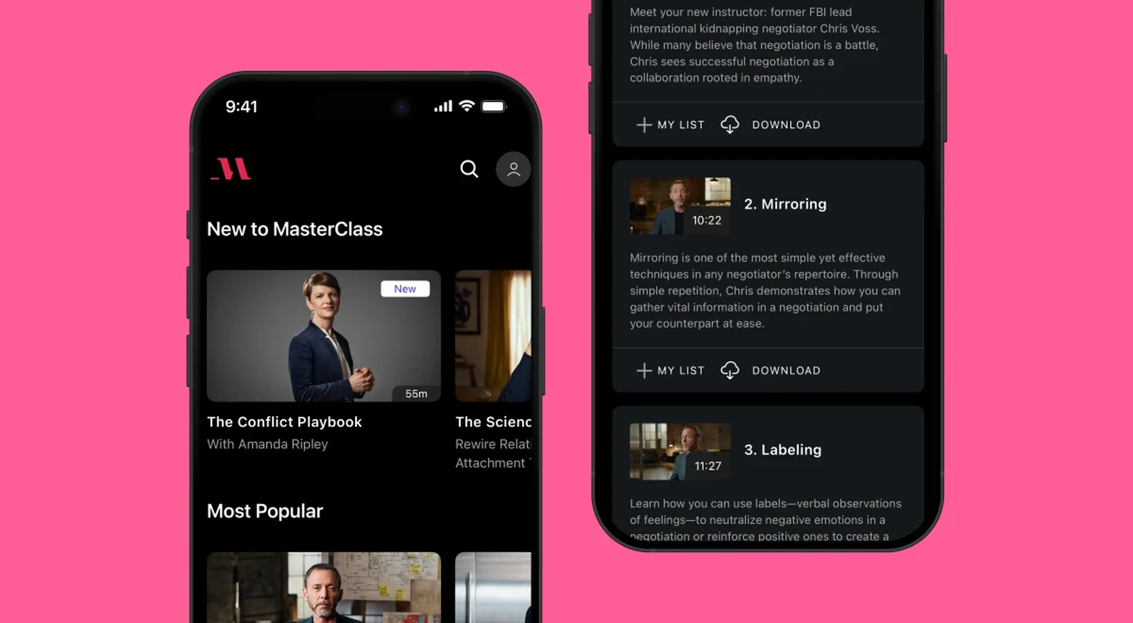 MasterClass app interface on iPhone showing New to MasterClass section with The Conflict Playbook course and lesson list including Mirroring and Labeling chapters