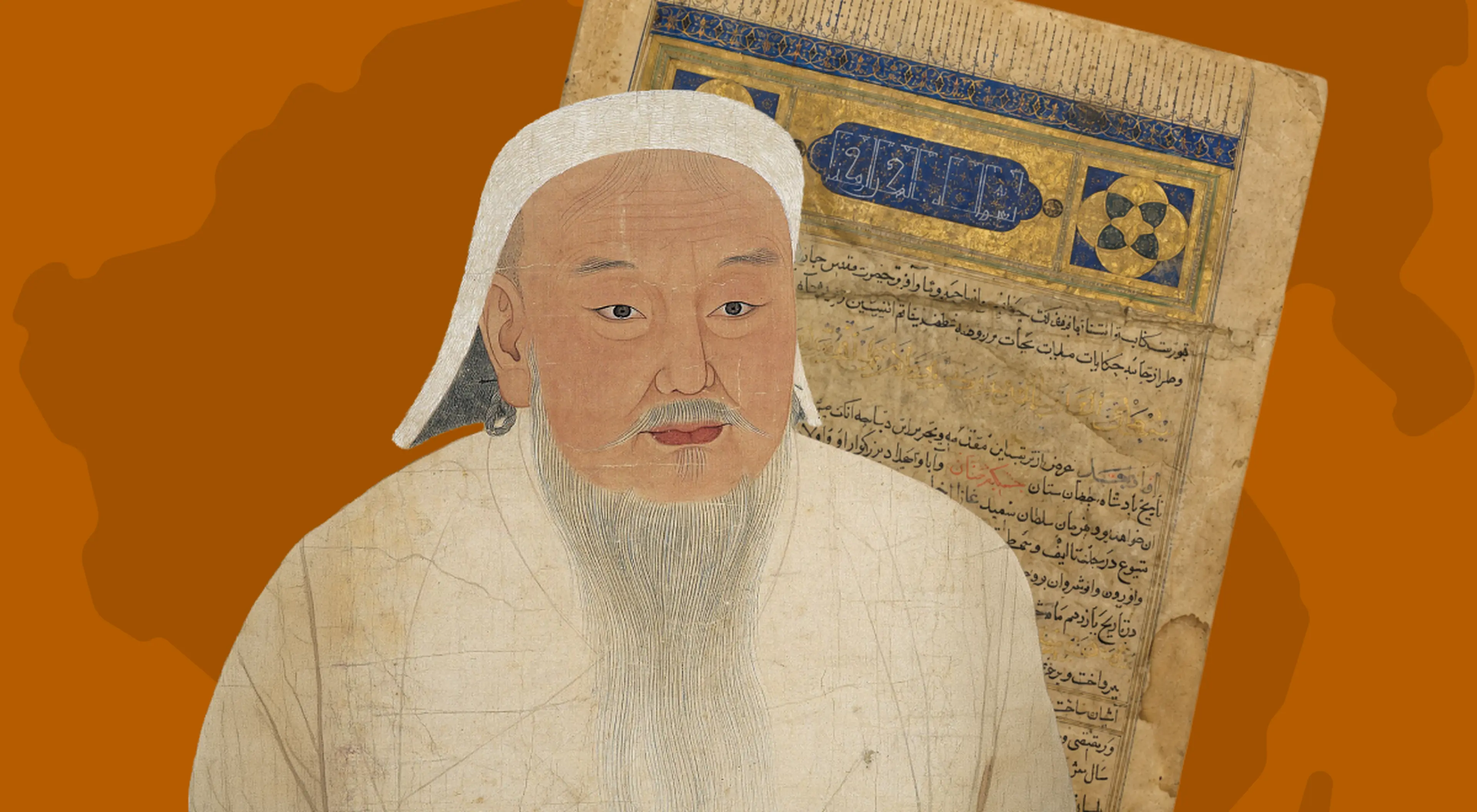 Portrait of Genghis Khan in white robe and headdress beside an illuminated Persian manuscript page, set against an orange background with a map silhouette