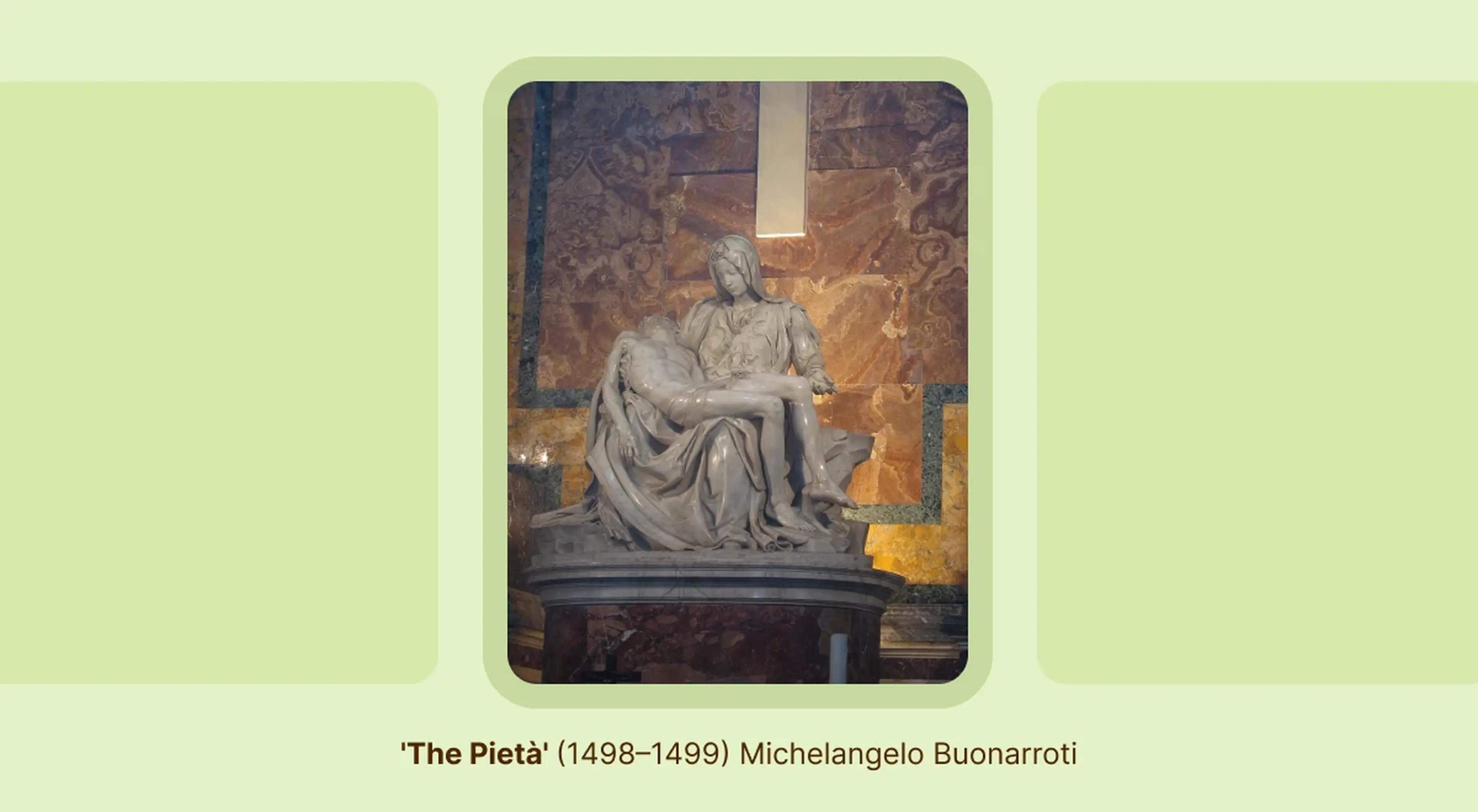Michelangelo's Pietà sculpture, a centerpiece of his famous works, showing Mary cradling the lifeless body of Christ in white marble inside a golden ornate church interior