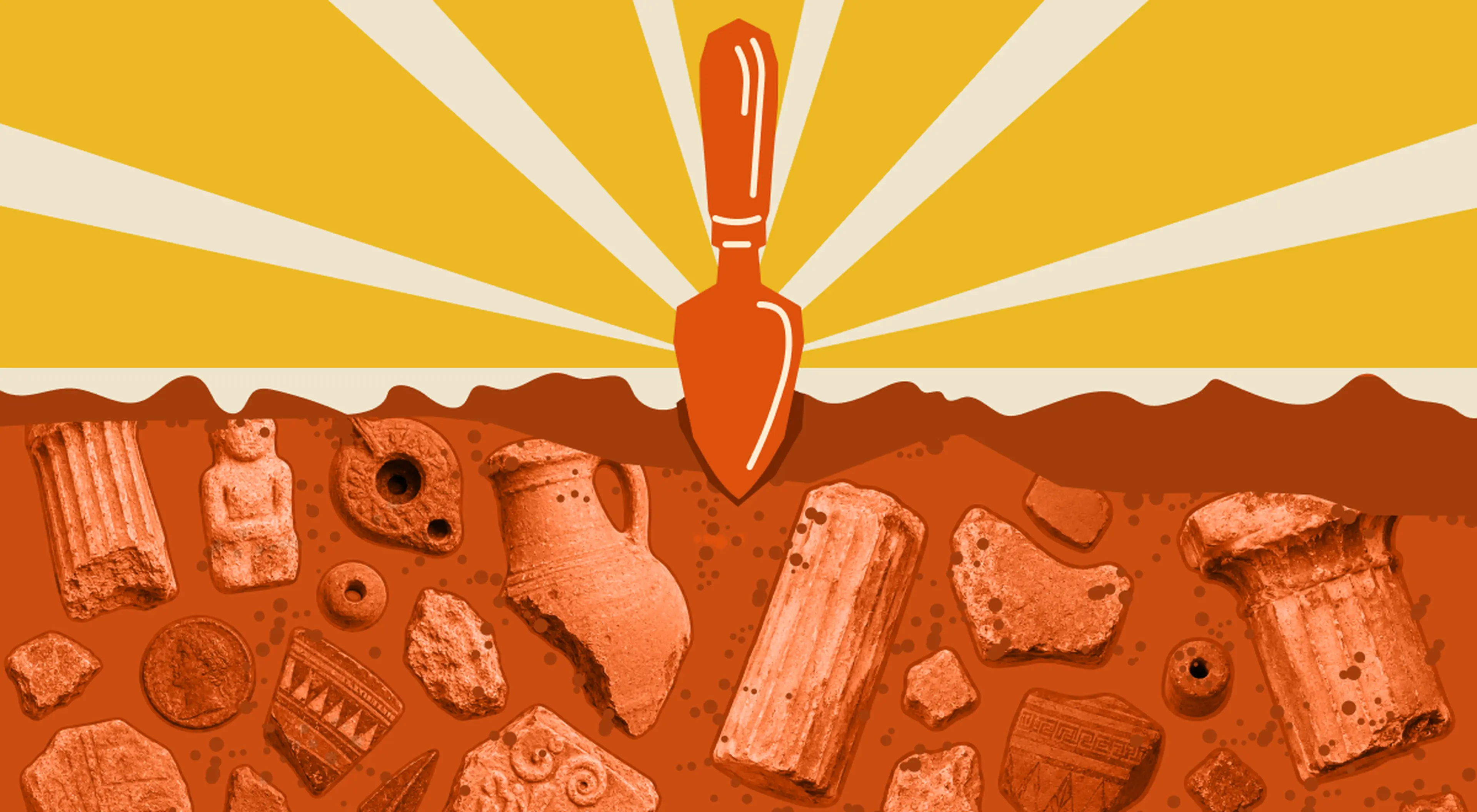 Illustrated dig event scene showing an archaeological trowel over buried ancient artifacts like pottery, coins, columns and figurines in orange soil beneath a radiant yellow sunburst